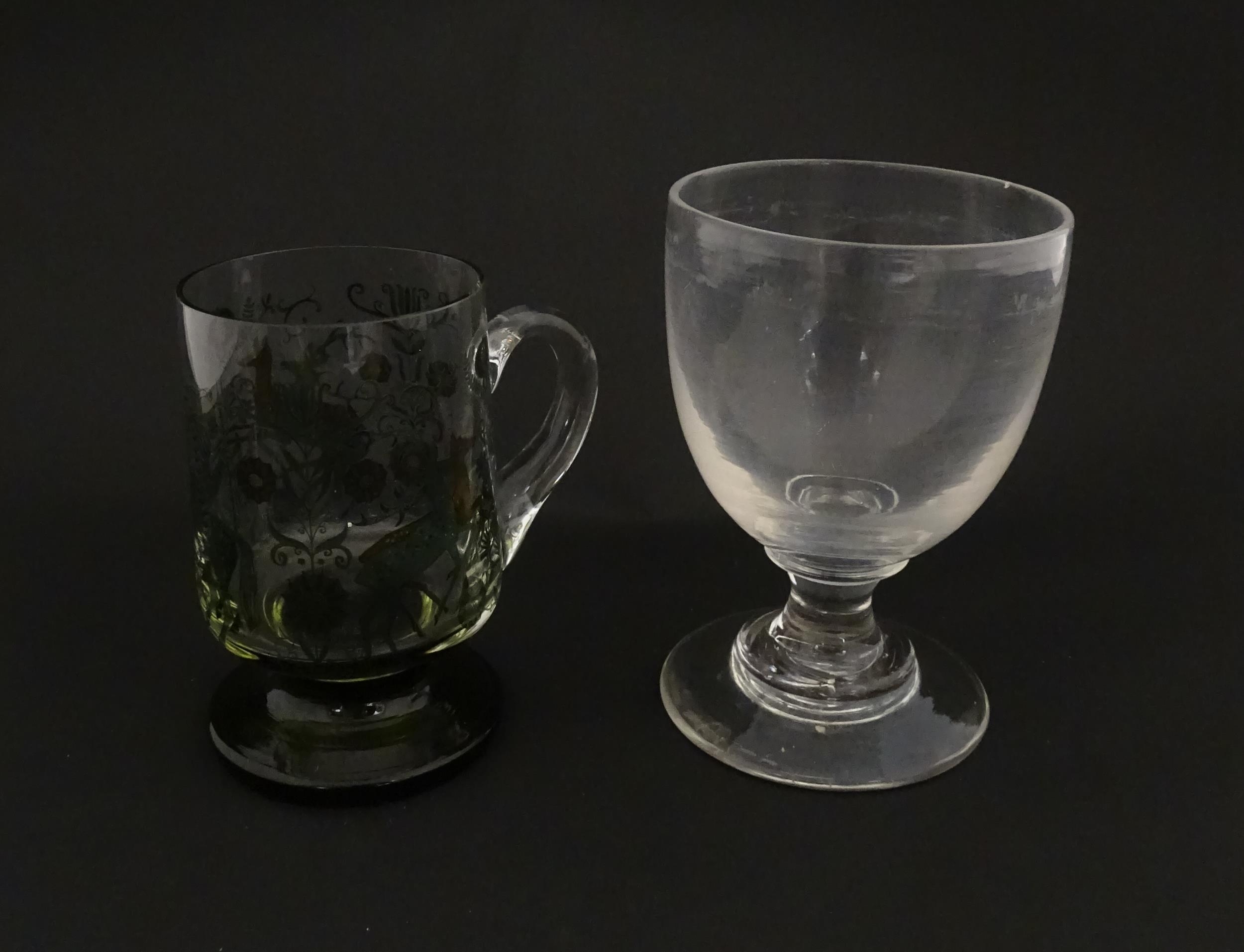 A 19thC glass goblet / rummer. Together with a Continental tankard depicting hunting scene, figure - Image 9 of 13