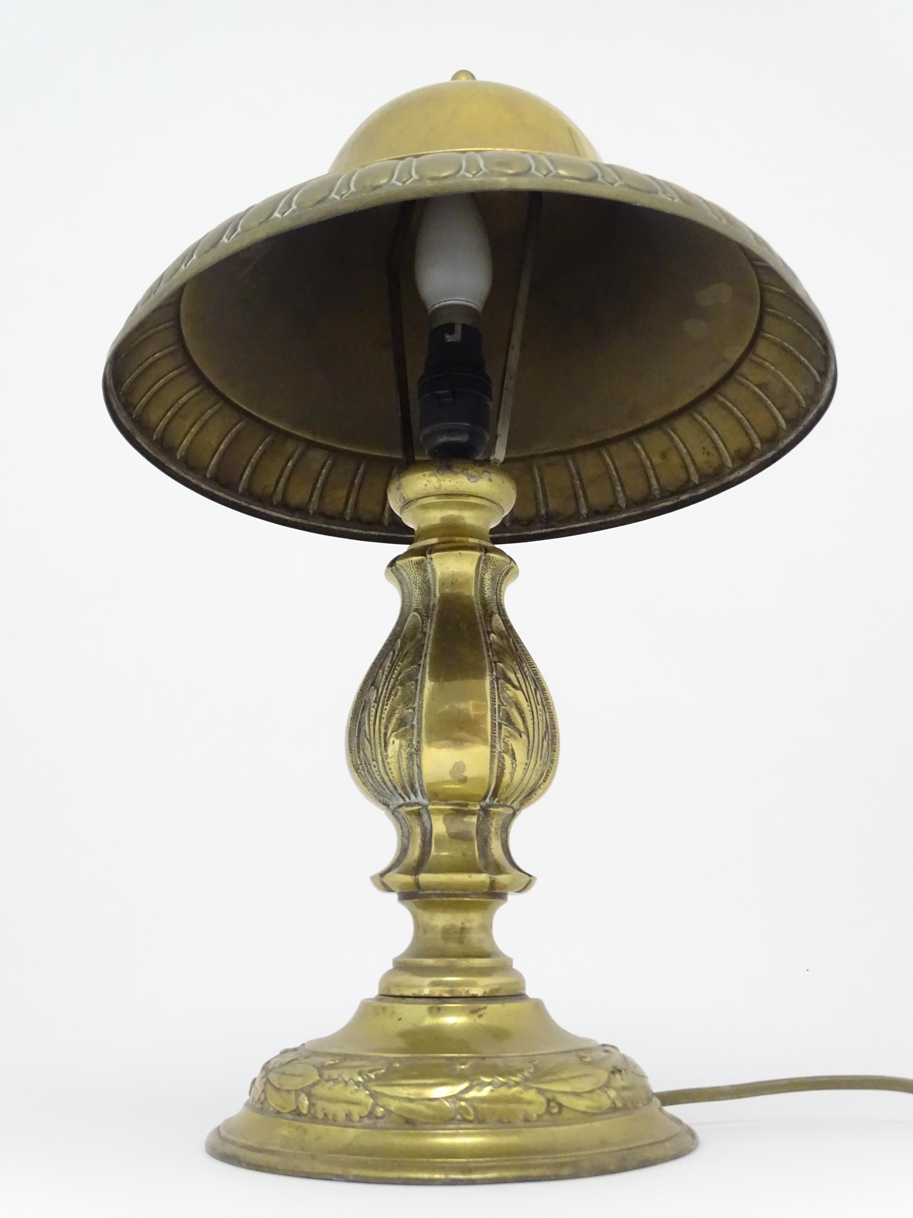 A 20thC brass table lamp with foliate detail and brass domed shade. Approx. 17" high Please Note - - Image 10 of 15