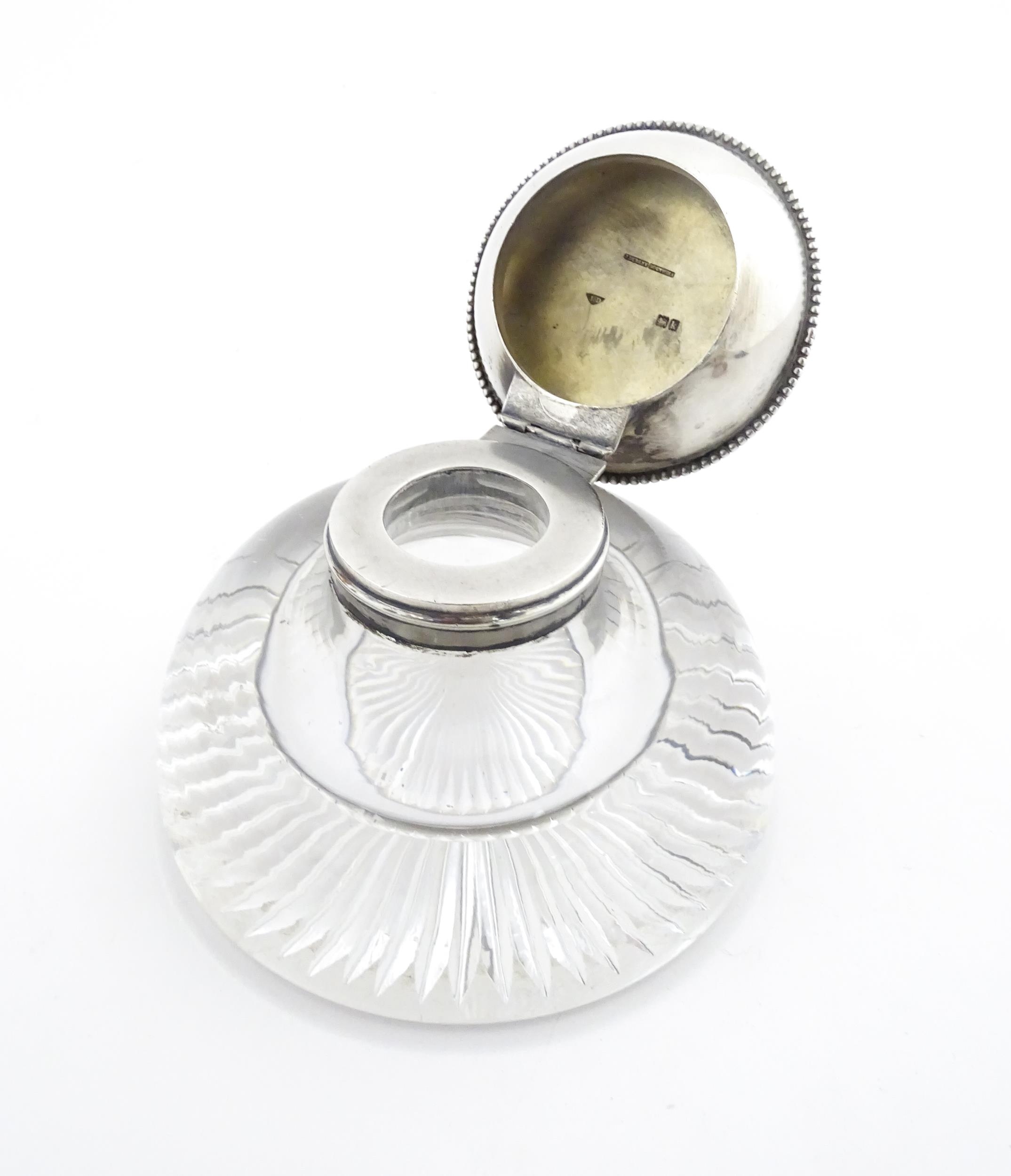 A glass inkwell with silver top hallmarked London 1905 maker James Dudley and stamped J Dudley - Image 6 of 9