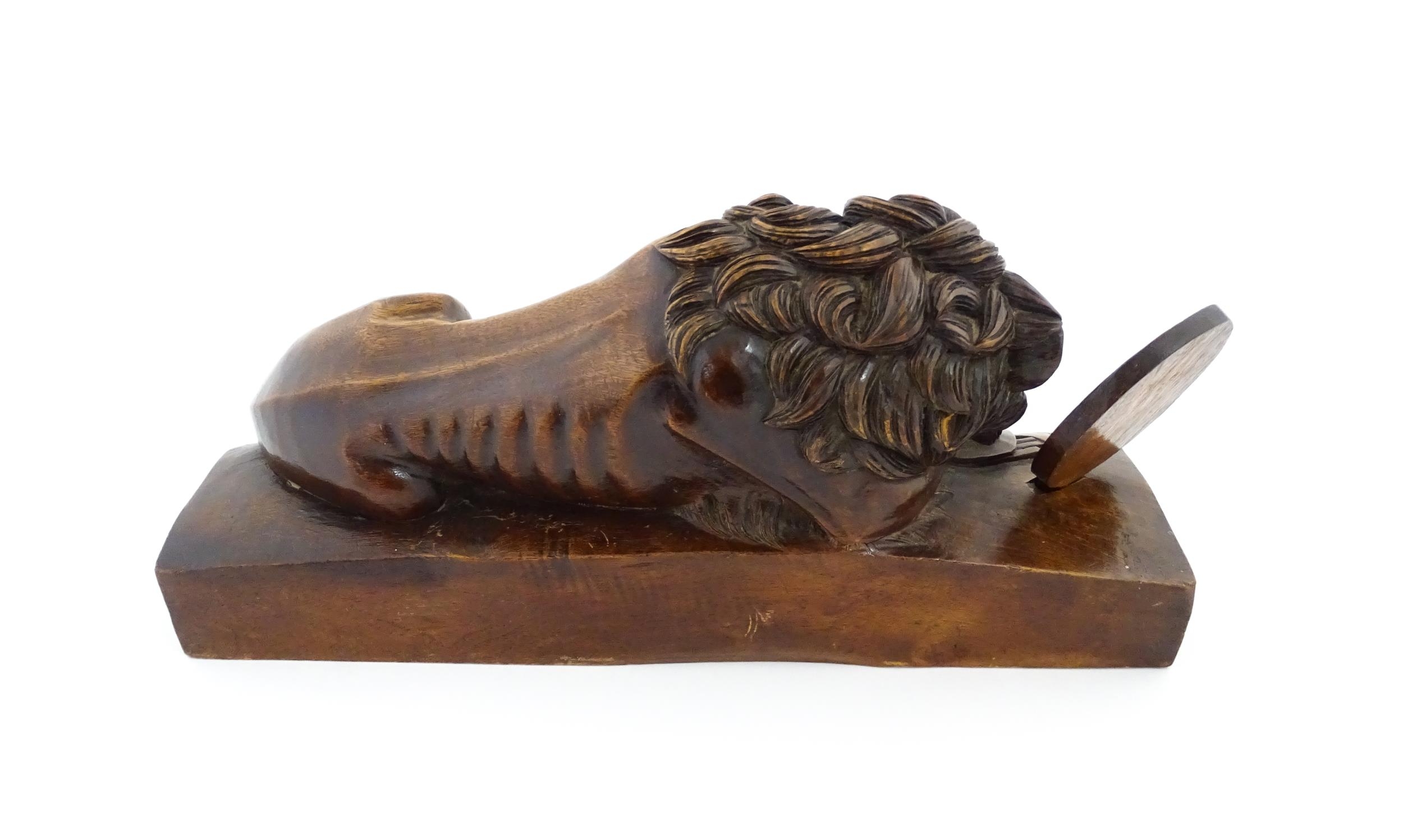 A late 19thC carved walnut model of the Lion of Lucerne after Bertel Thorvaldsen, inscribed - Image 5 of 7