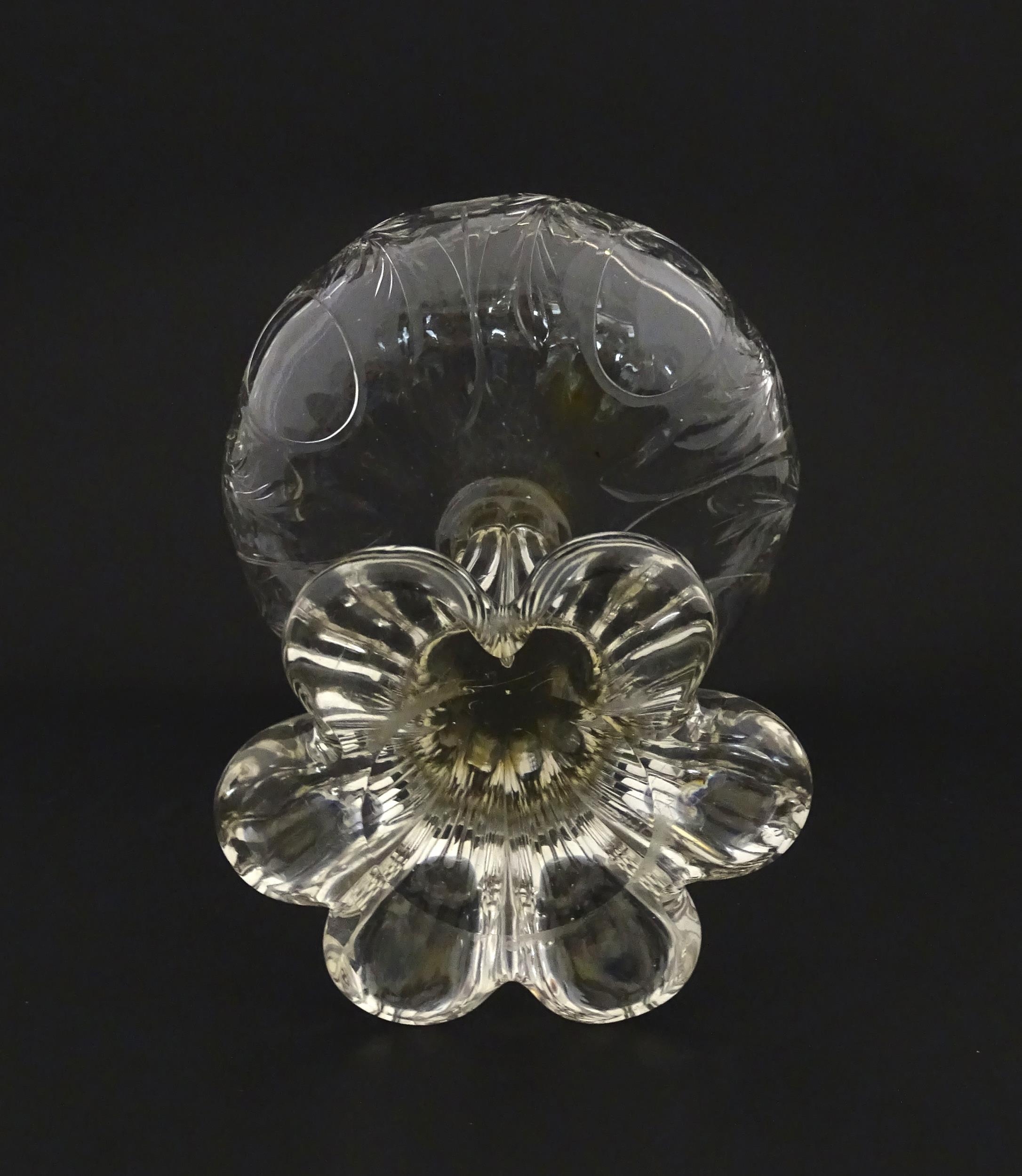 A glass centrepiece bowl comport with engraved floral and foliate detail on a lobed pedestal foot. - Image 2 of 6