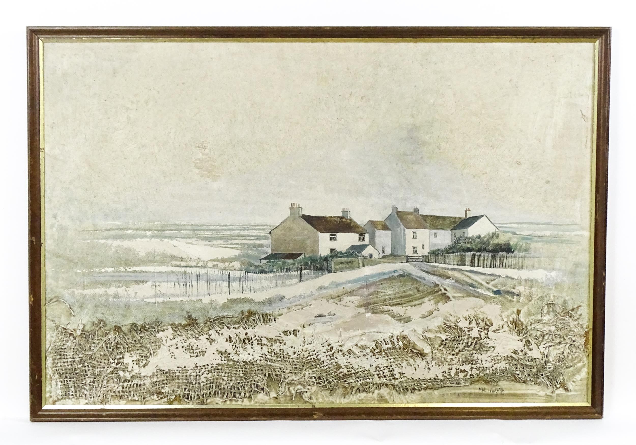 Mike Haworth, 20th century, Mixed media on board, A winter landscape with a view of a village.