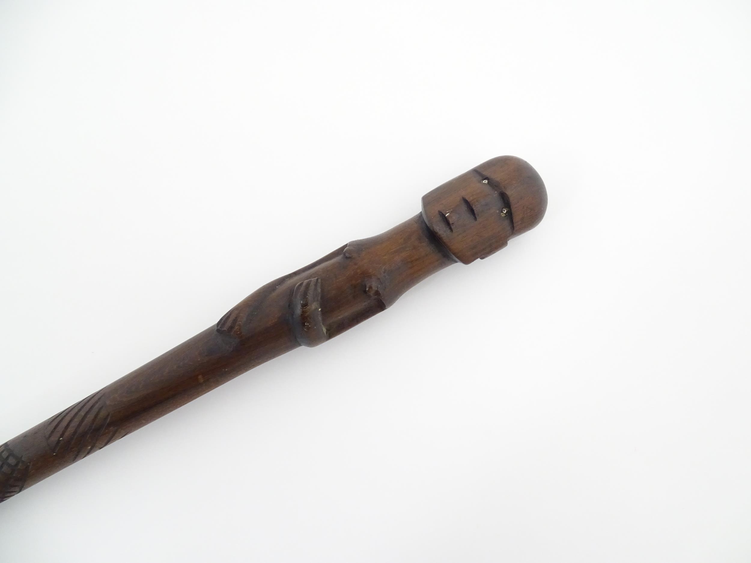 Ethnographic / Native / Tribal : An Australian Aboriginal hardwood walking stick / cane with cross - Image 4 of 7