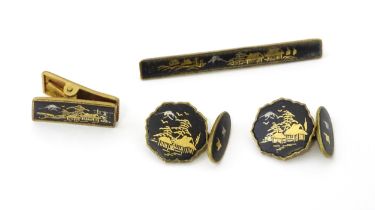 Gilt metal cufflinks, tie pin and clip with Japanese Damascene decoration. Tie pin approx. 2" long