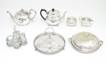 A quantity of silver plated wares to include teapot, milk jug, sugar bowl, entree dish, etc.