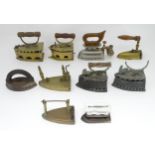 A quantity of assorted 19thC and later cast brass and iron flat irons, to include Feldmeyer spirit