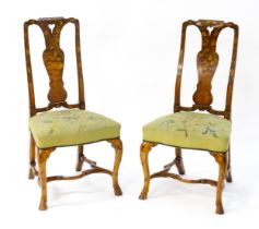 A pair of early / mid 18thC Dutch side chairs with profusely inlaid walnut frames, the satinwood