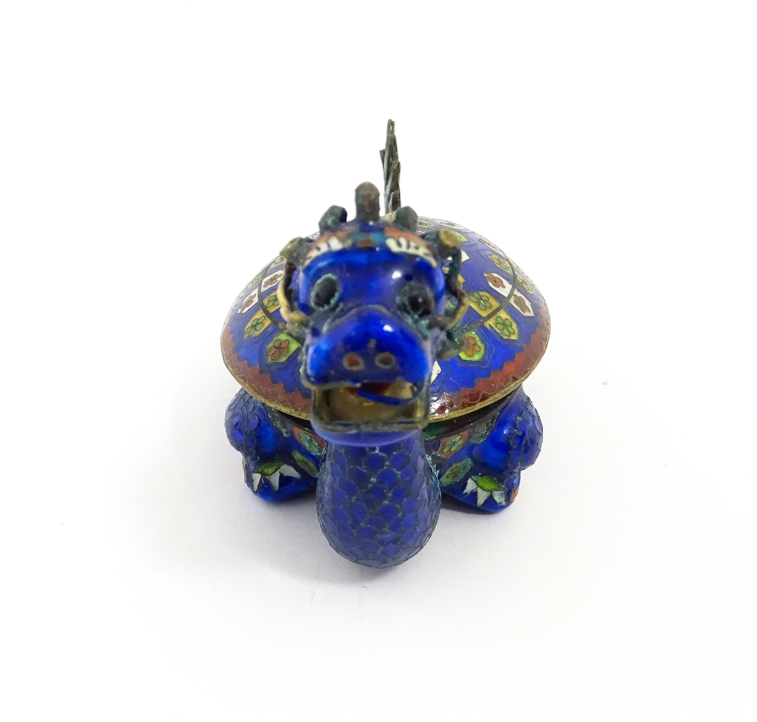 A Chinese cloisonne pot and cover modelled as a Dragon Turtle mythical creature. Approx. 5 1/4" long - Image 4 of 7