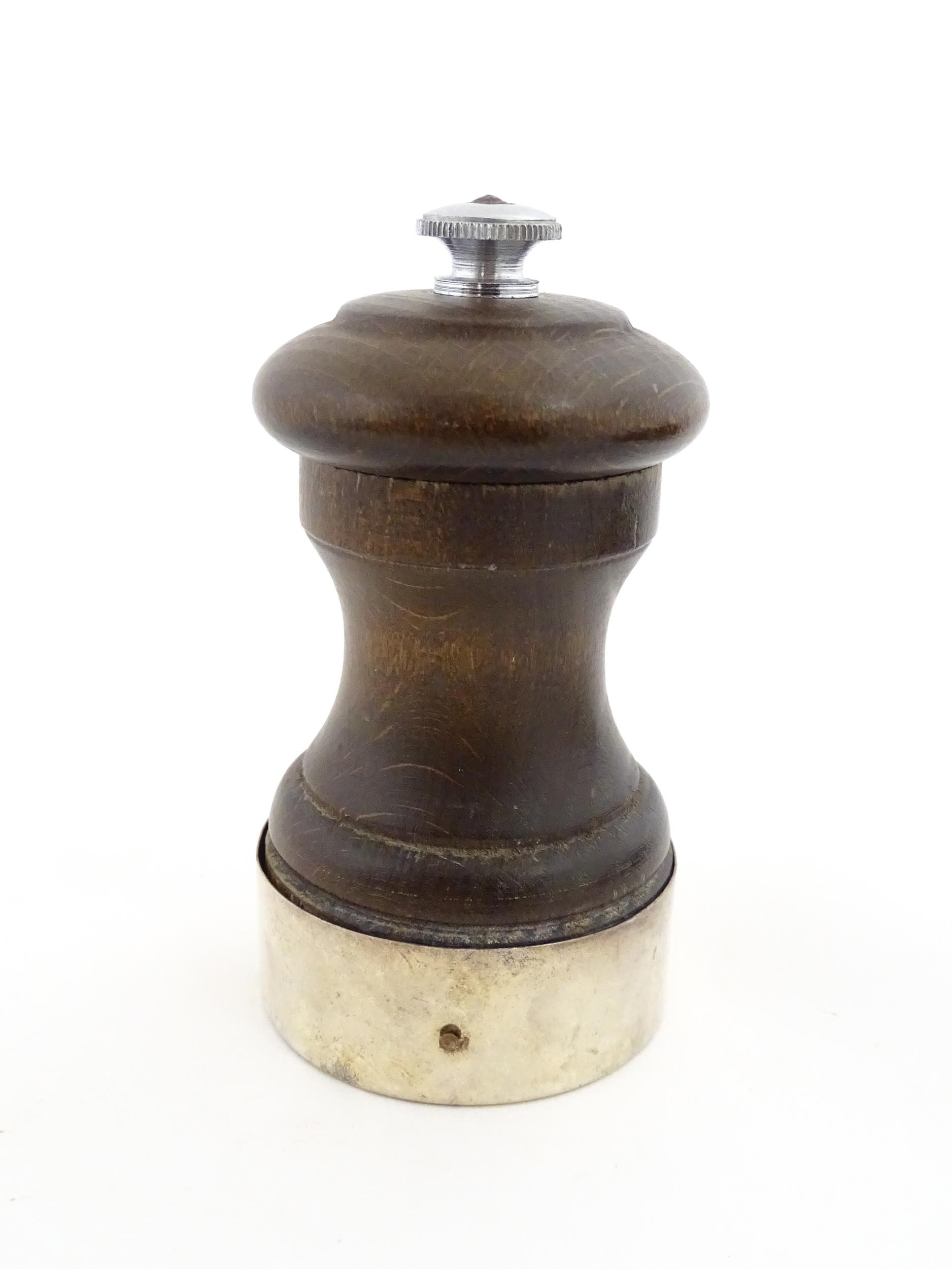 A 20thC turned wooden pepper mill / grinder with silver mount hallmarked Birmingham 1969, maker J. - Image 4 of 8