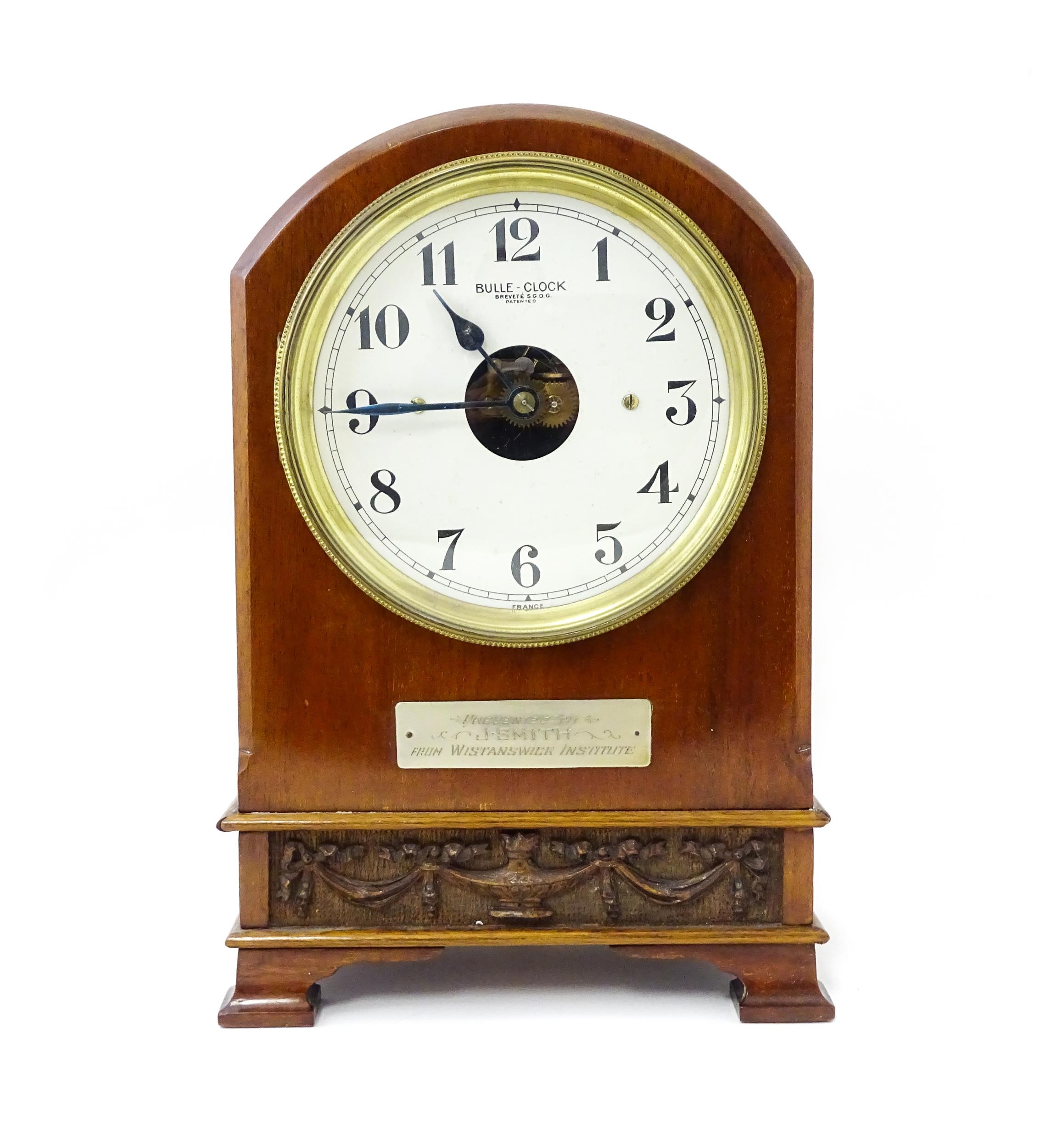 Bulle - Clock : A French mahogany cased electric mantel clock by Bulle. Model BC. The case decorated - Image 3 of 9