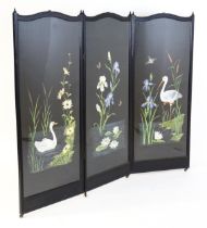 An Aesthetic movement three fold screen with hand painted detailing. 74" wide x 61" high. Please