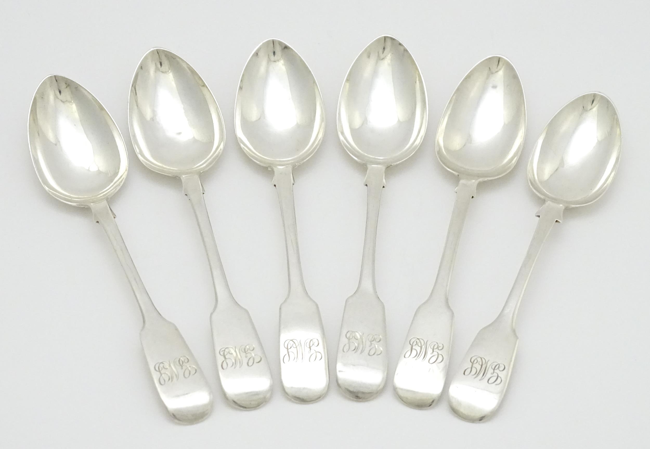 Six assorted silver teaspoons, hallmarked Exeter, one 1836, one 1839, and four 1844. Approx. 5" long