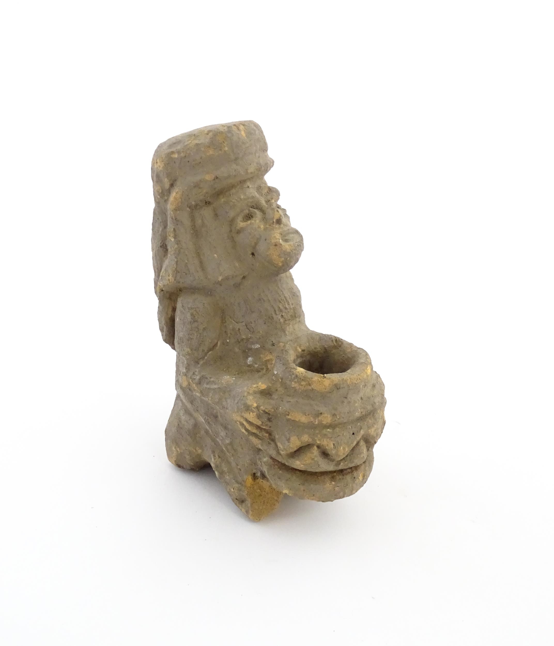 An Aztec Pre-Columbian style earthenware sculpture depicting a kneeling figure with a vessel. - Image 4 of 6