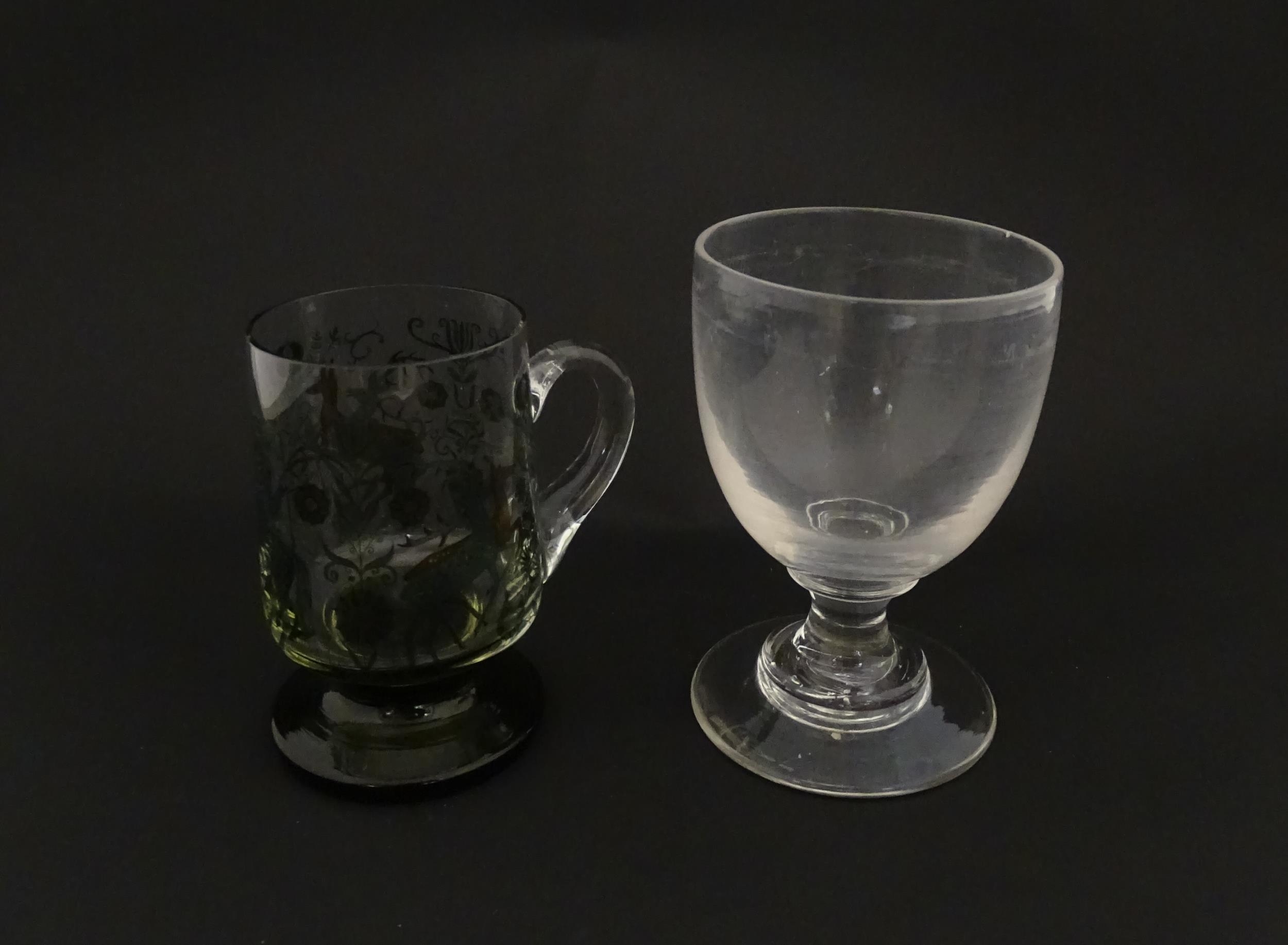 A 19thC glass goblet / rummer. Together with a Continental tankard depicting hunting scene, figure - Image 7 of 13