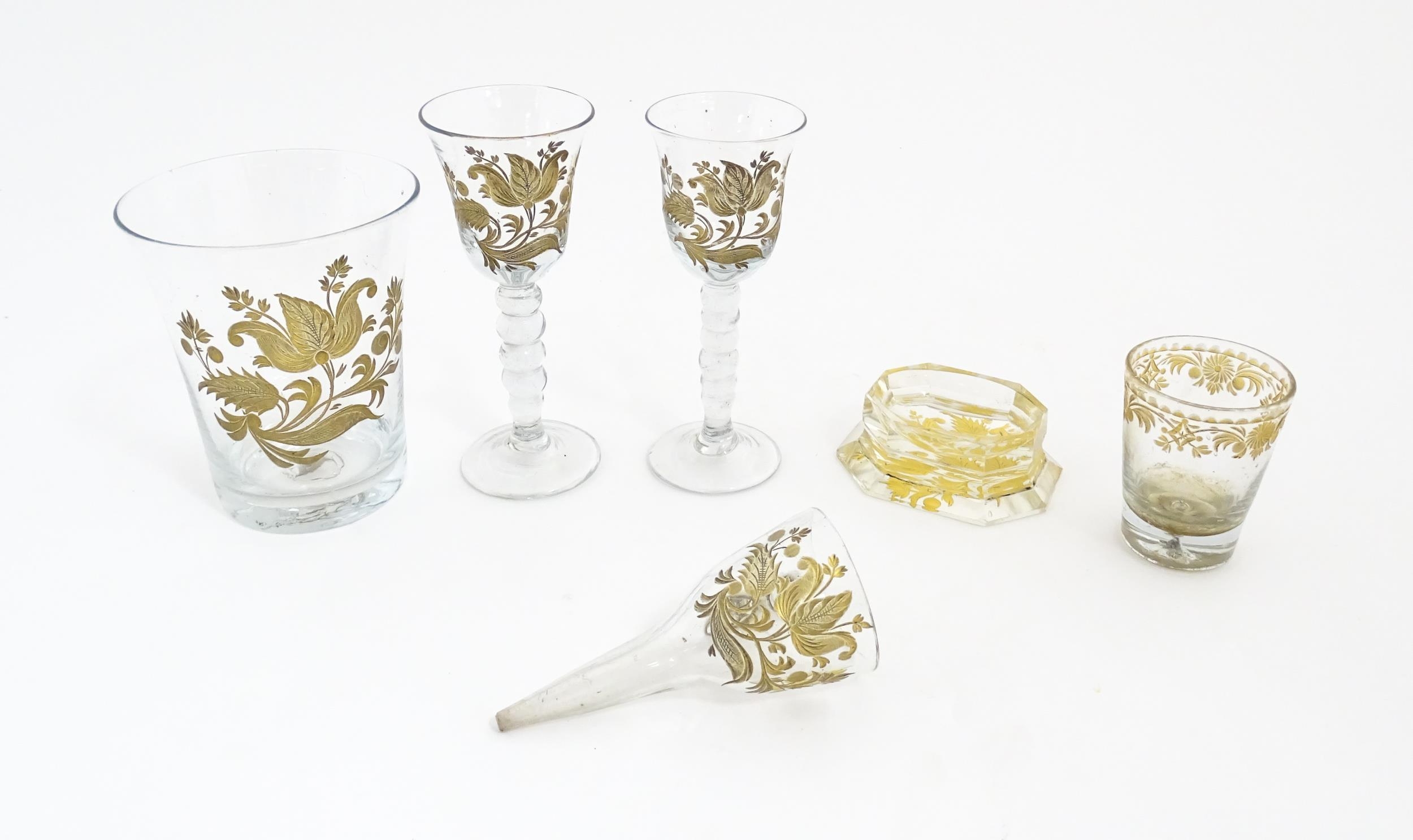 18thC glass to include 18thC wine glasses, beakers, funnel, etc. with engraved gilt foliate and - Image 7 of 11