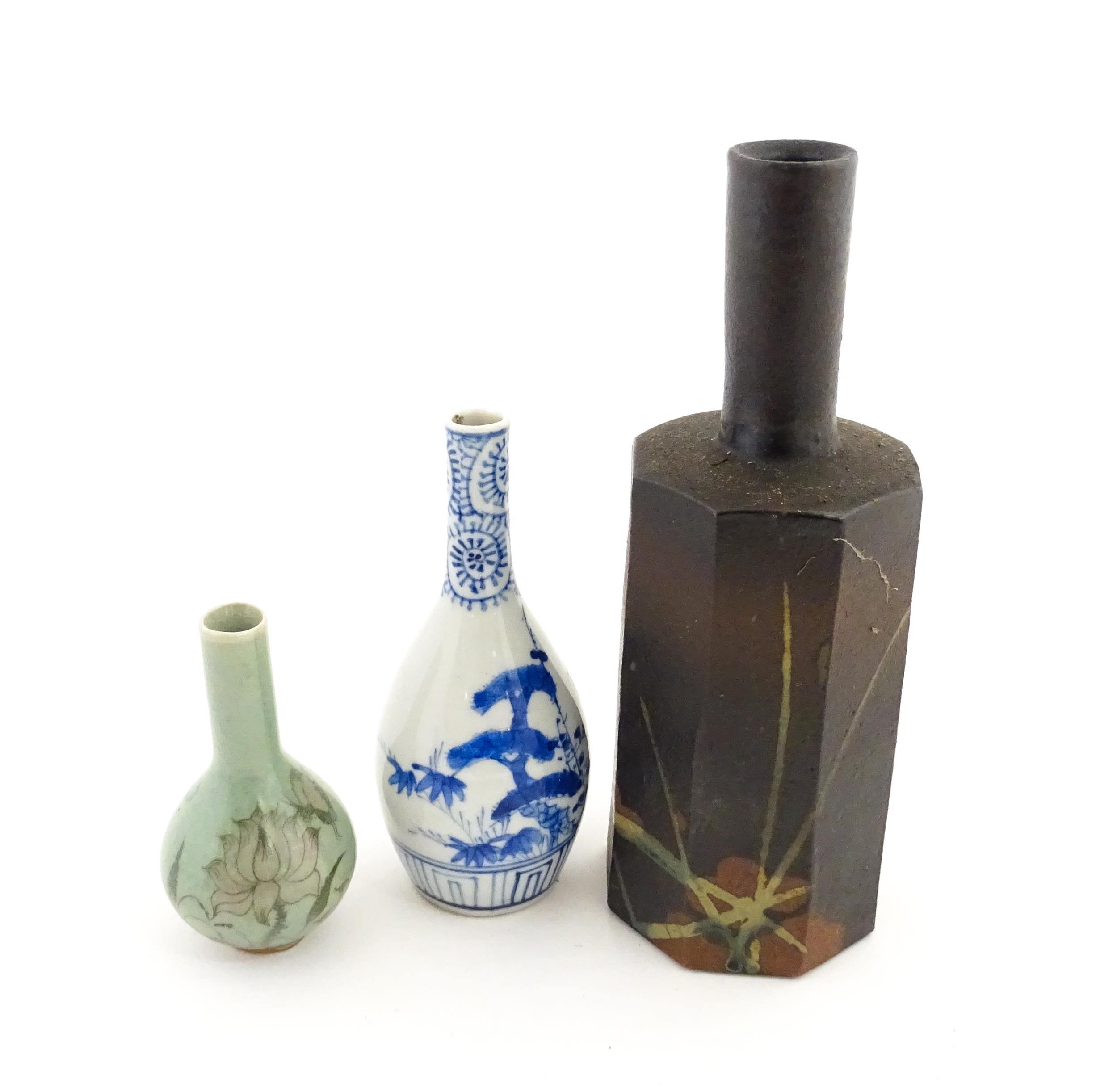 A Japanese studio pottery vase with octagonal body, elongated neck and brushwork detail. Together - Image 3 of 7