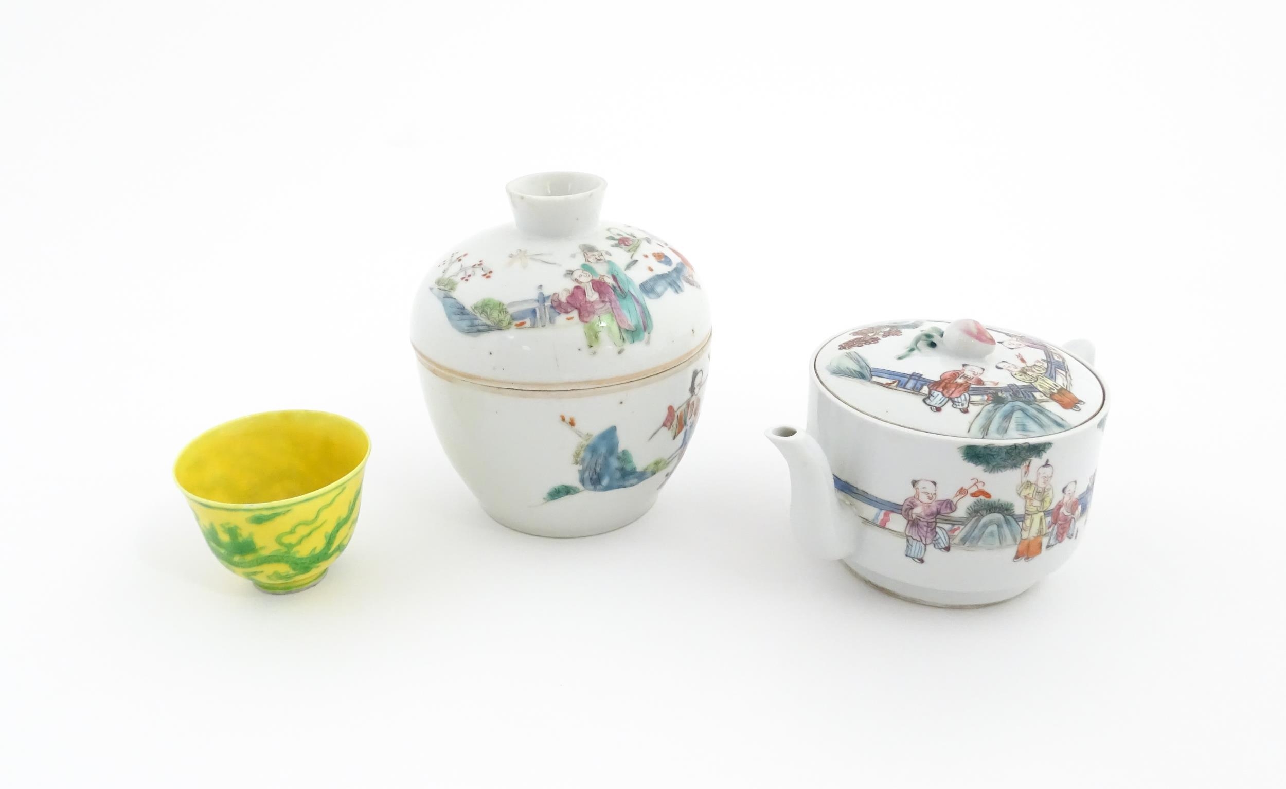 Three Chinese items comprising a famille rose pot and cover decorated with figures, a teapot - Image 5 of 14