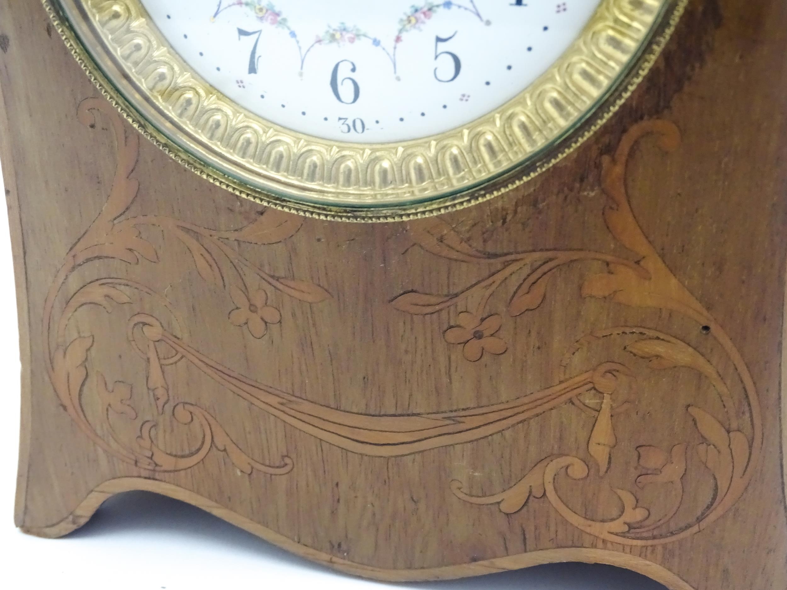 A late 19thC / early 20thC mahogany cased French mantle clock with satinwood inlay and white - Image 8 of 10