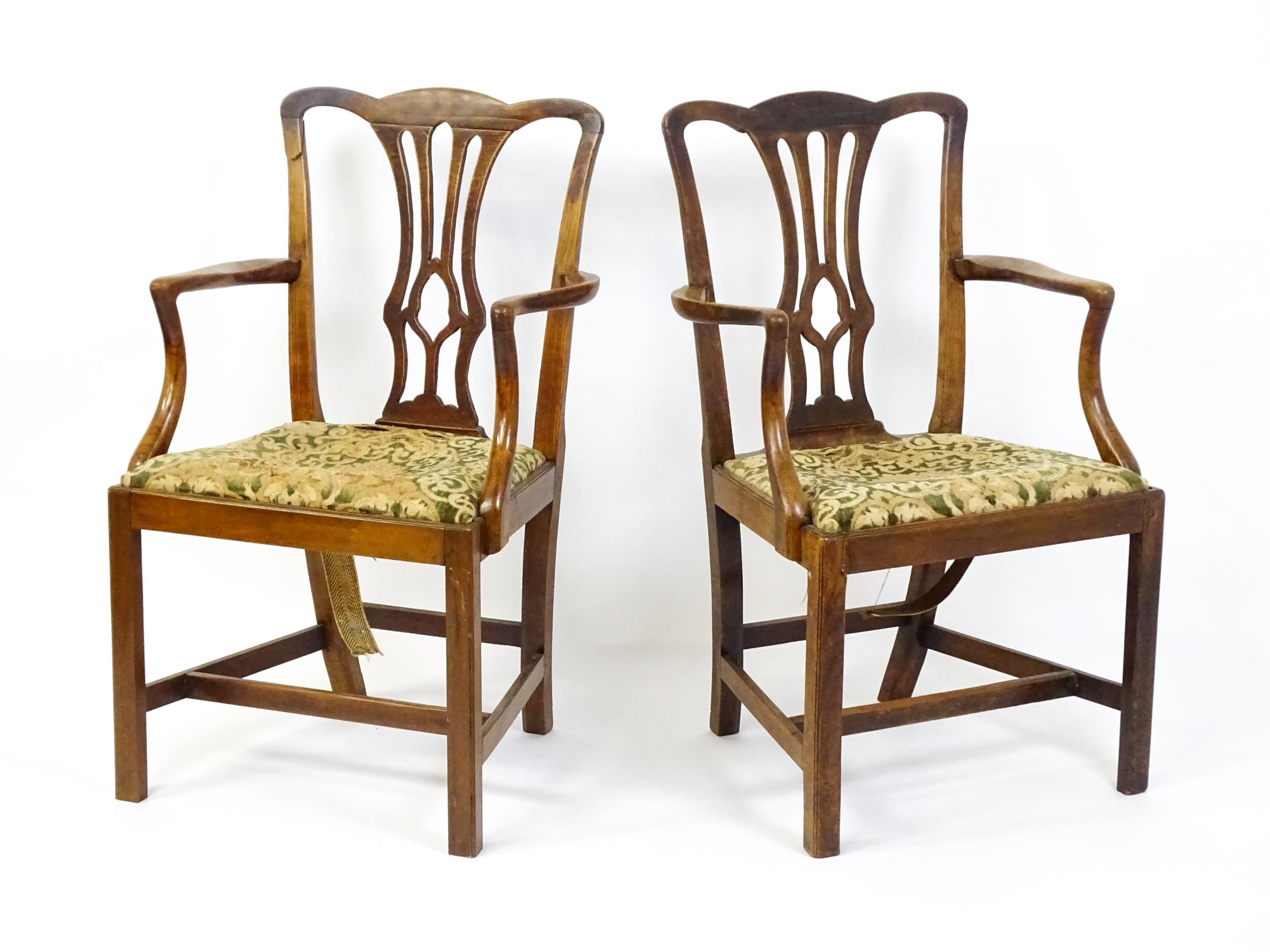 A pair of late 18thC fruitwood elbow chairs with Chippendale back splats, swept arms, drop in - Image 5 of 6