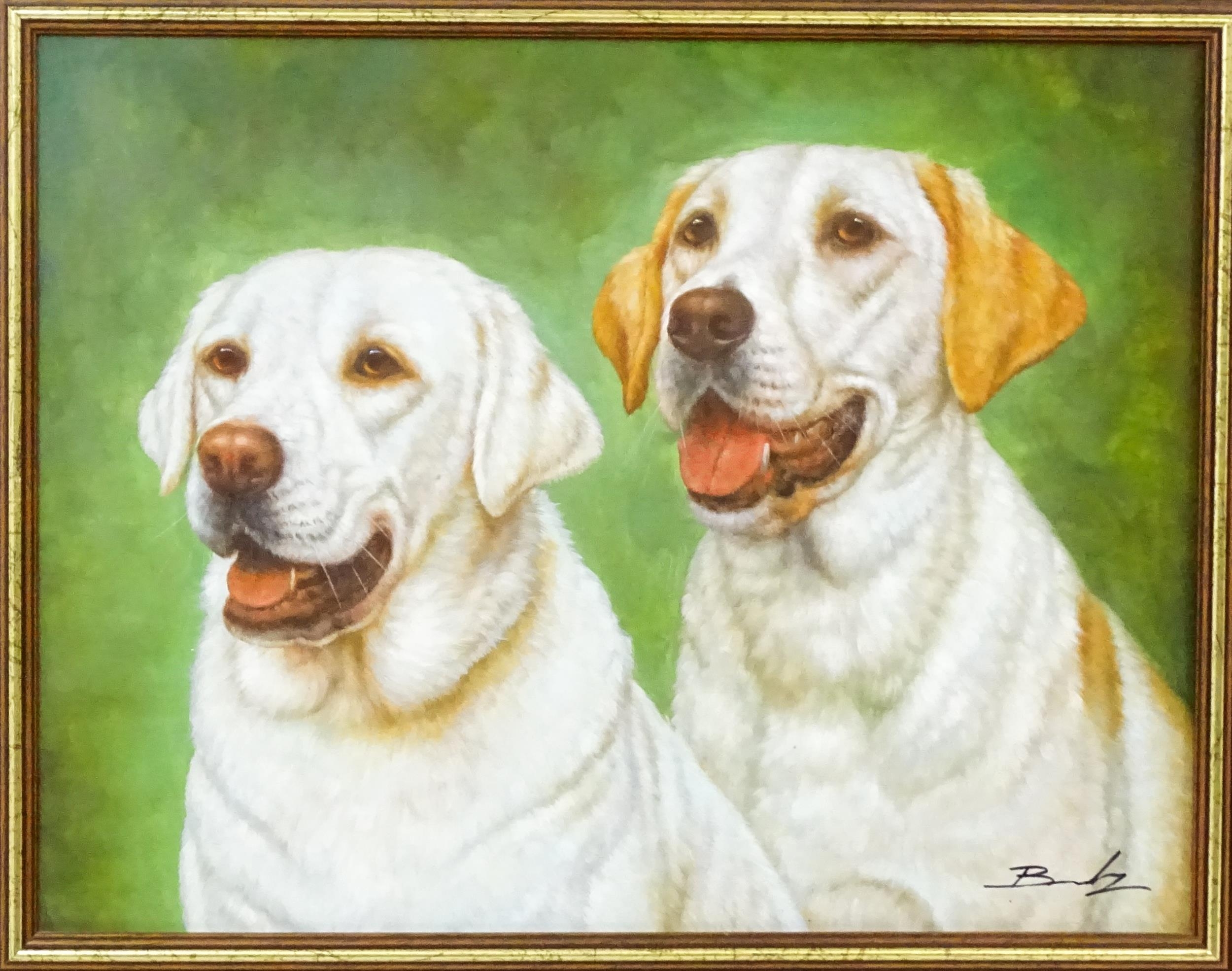 21st century, Oil on canvas, A study of two Golden Labrador dogs. Indistinctly signed lower right. - Image 3 of 4