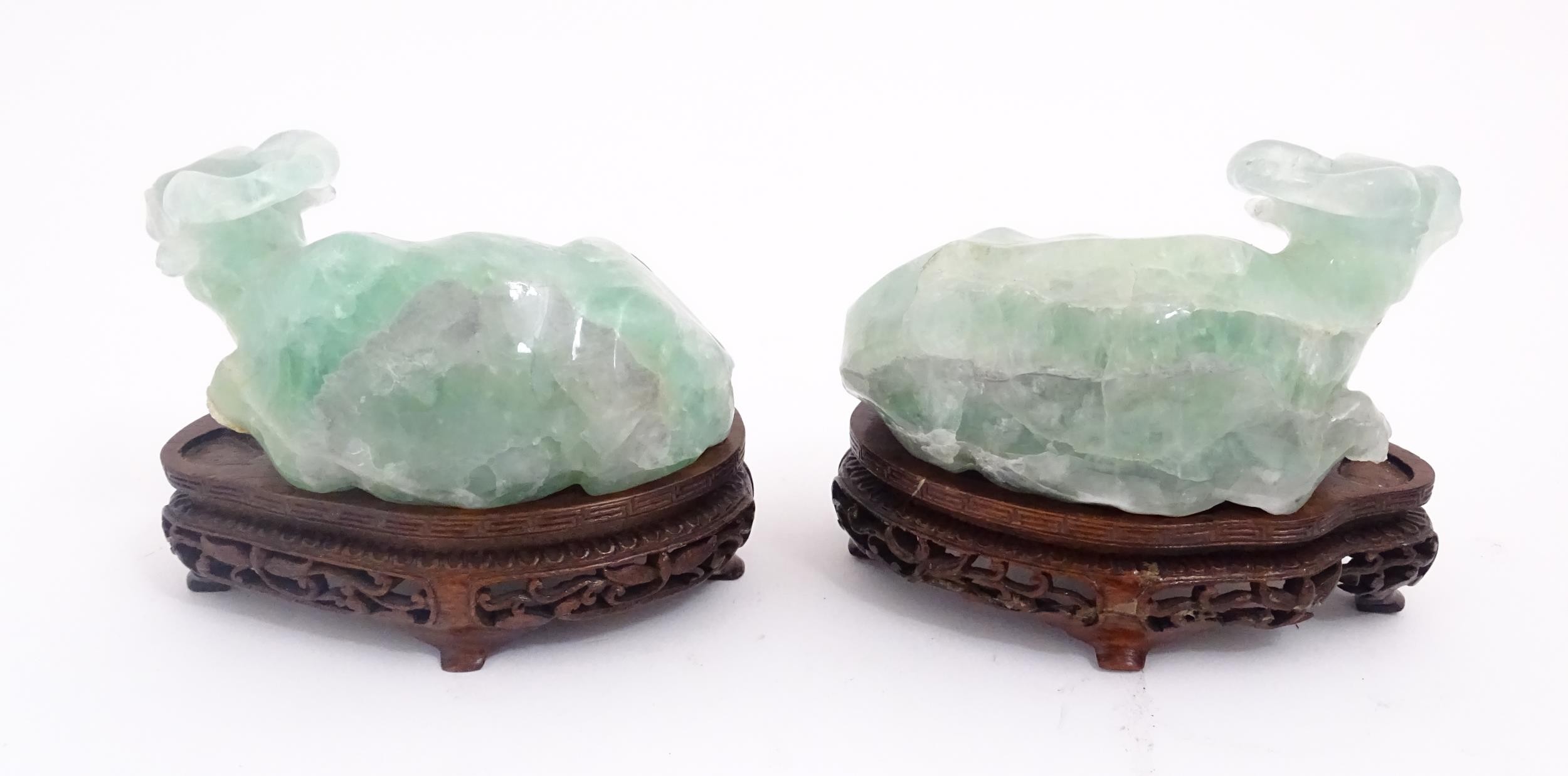 Two Chinese carved green fluorite models of recumbent buffalo, on wooden stands. Approx. 5" wide (2) - Image 5 of 7
