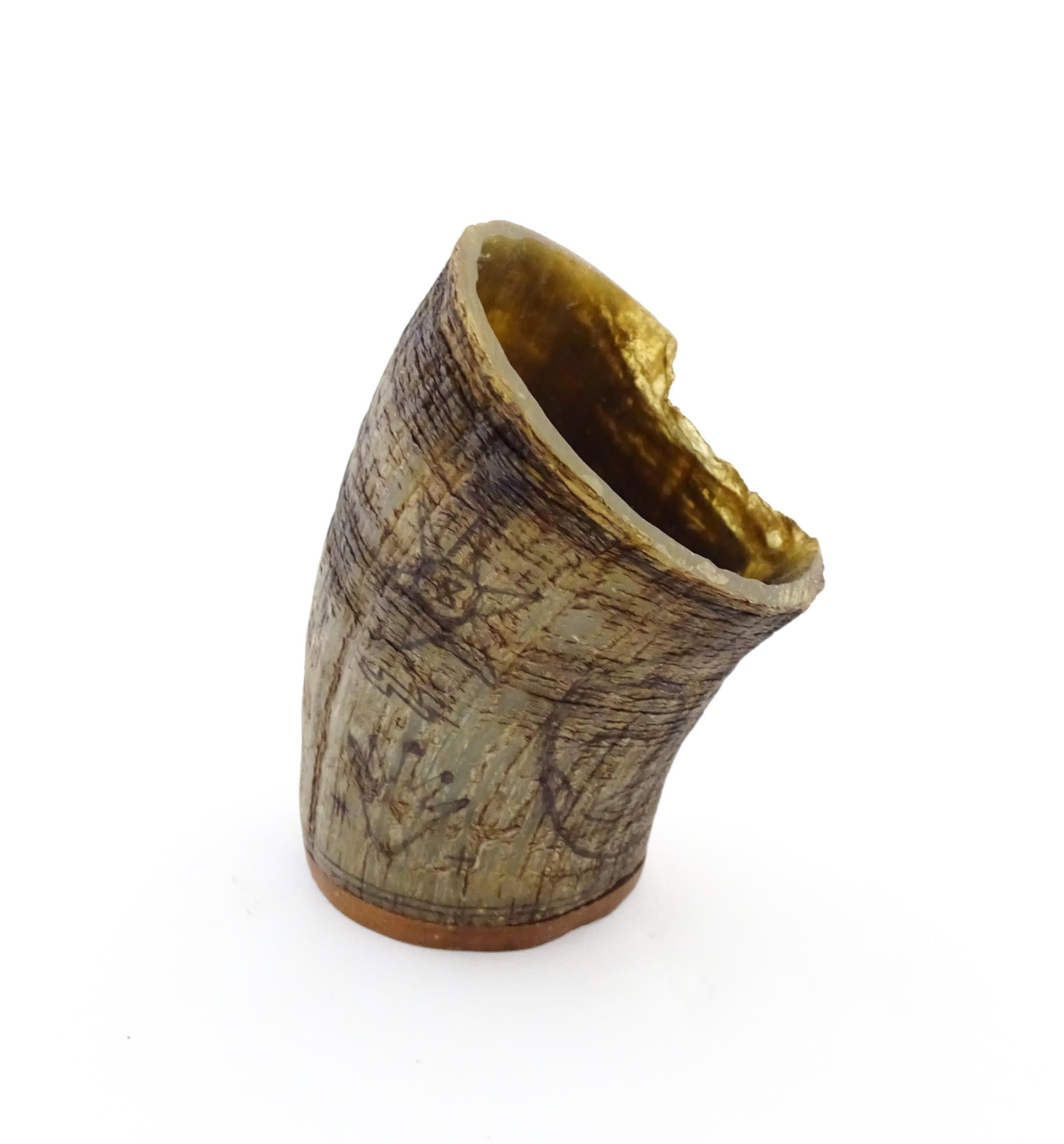 A 19thC horn vessel with wooden base having naive penwork detail. Approx. 6 1/2" high Please - Image 4 of 9