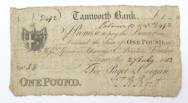 An early 19thC British provincial Tamworth Bank one pound note dated 27 July 1813, no. D492, for