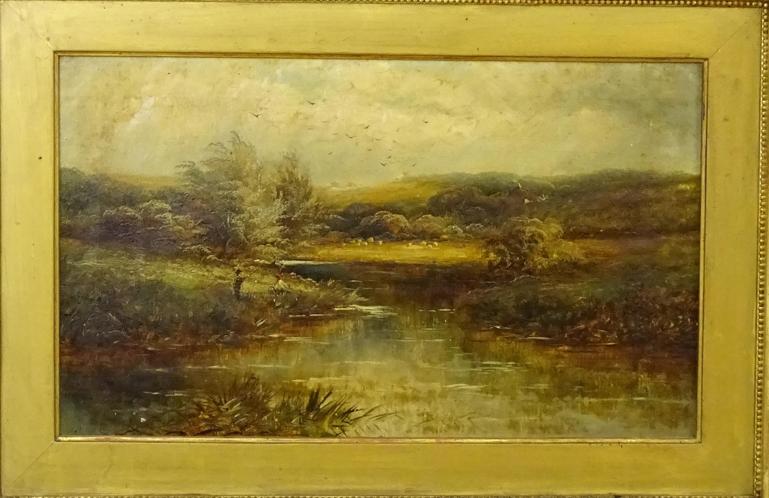 19th century, English School, Oil on canvas, A river landscape with fishermen. Approx. 11 3/4" x - Bild 3 aus 3