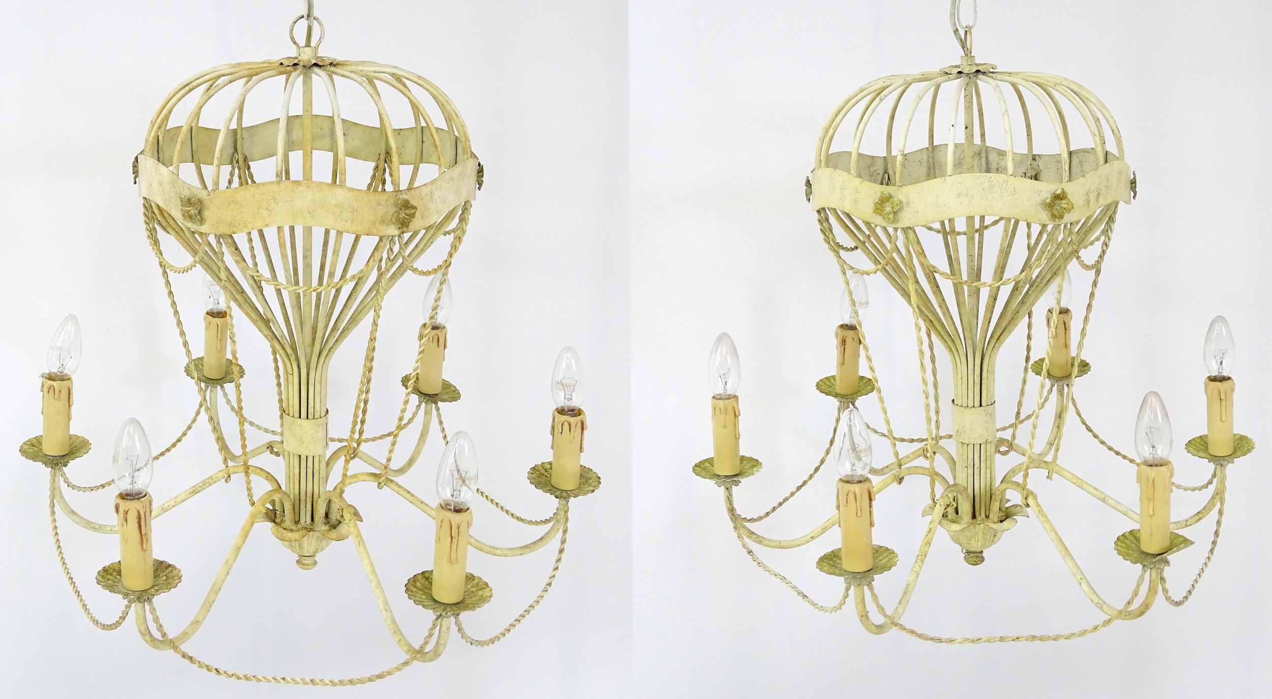 Two pendant ceiling lights / electroliers formed as stylised hot air balloons and having six