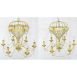 Two pendant ceiling lights / electroliers formed as stylised hot air balloons and having six