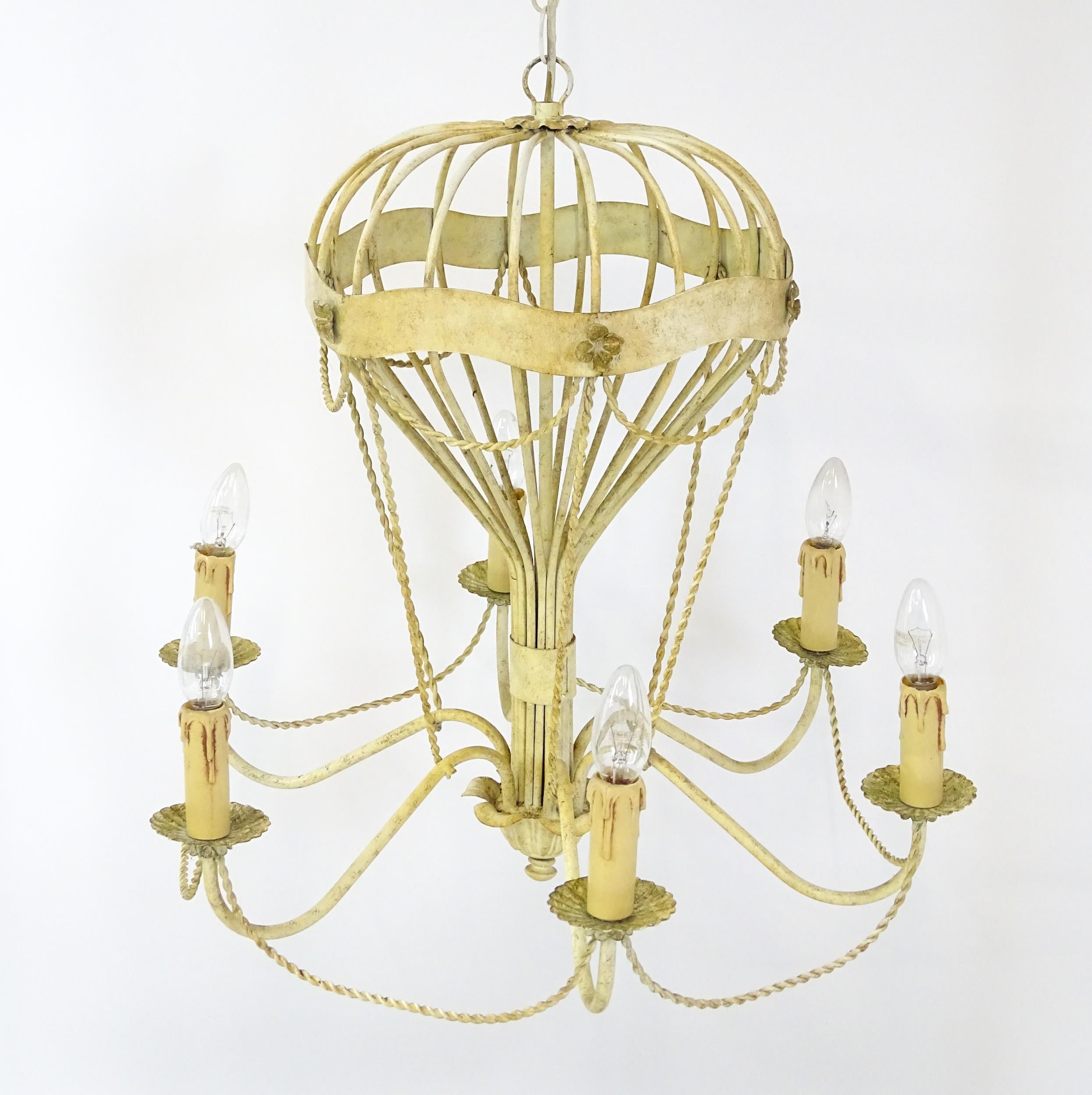 Two pendant ceiling lights / electroliers formed as stylised hot air balloons and having six - Image 14 of 16