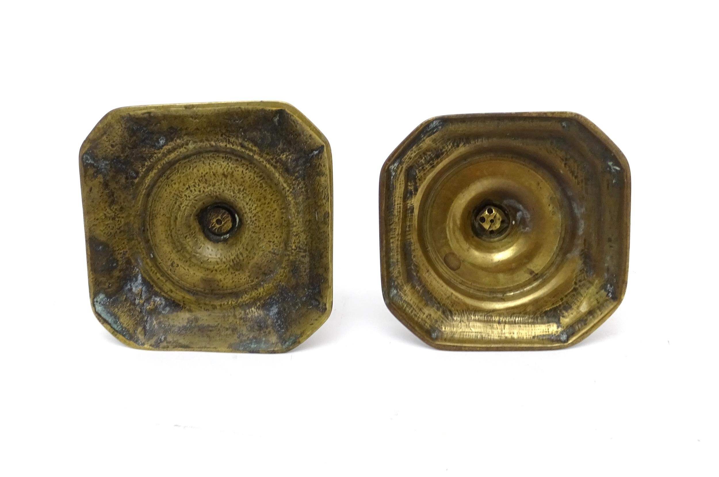 Two 18thC brass candlesticks with knop decoration to stem. Largest approx. 6 3/4" high (2) Please - Image 2 of 6