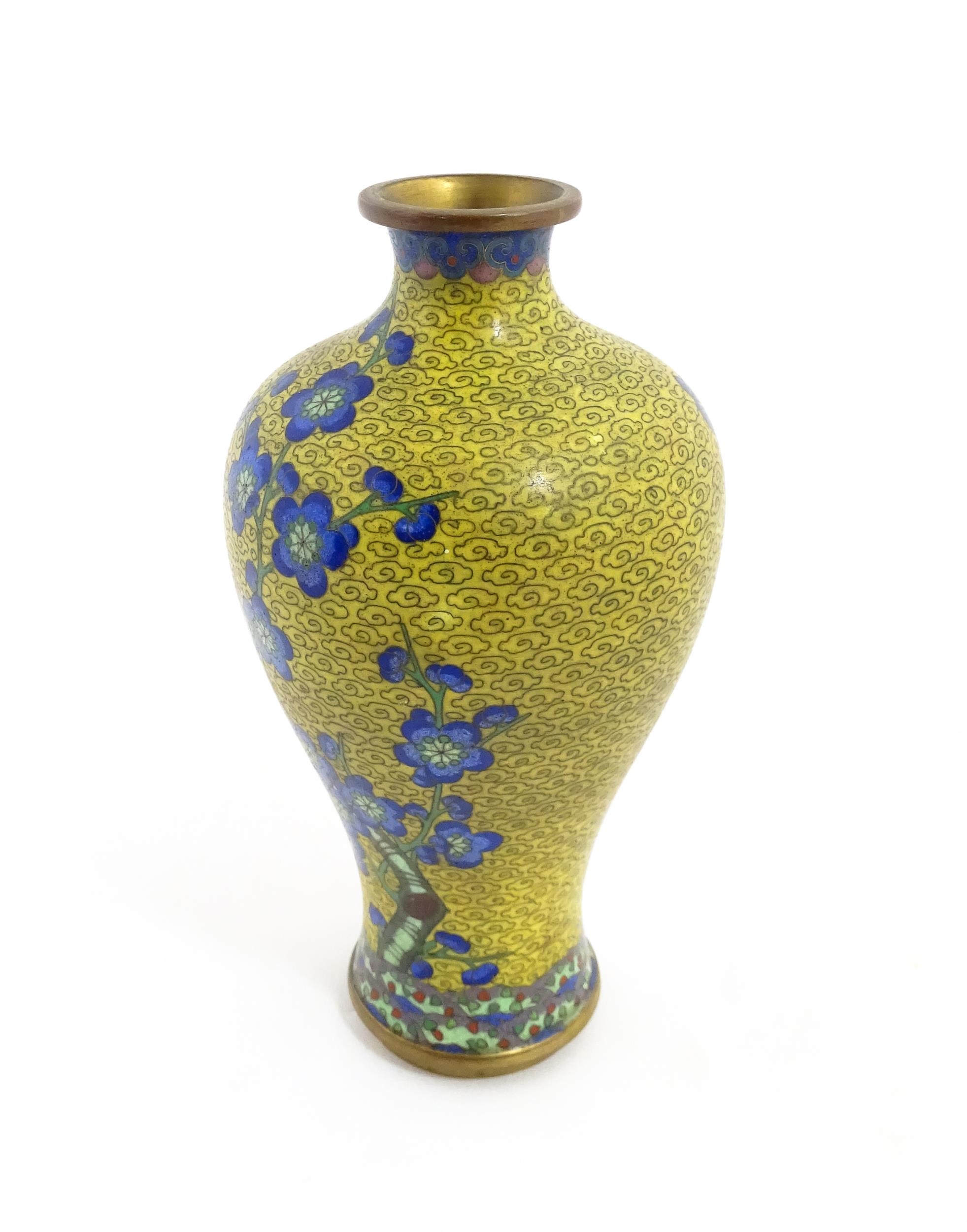 A Chinese cloisonne vase with a yellow ground decorated with blue prunus flowers / blossom. - Image 3 of 7