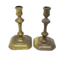 Two 18thC brass candlesticks with knop decoration to stem. Largest approx. 6 3/4" high (2) Please