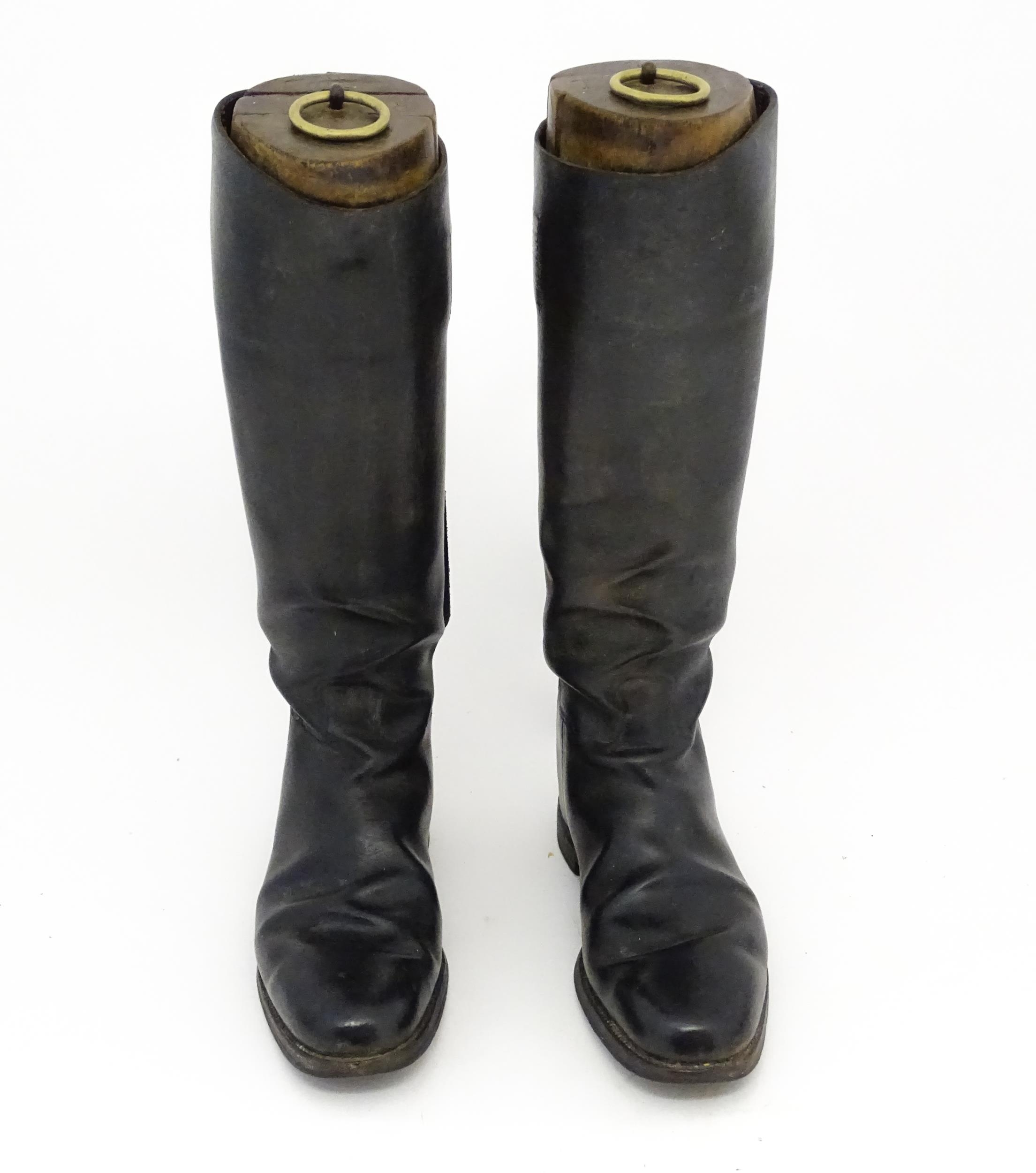 An early 20thC pair of black leather riding boots with trees, approx size 10 (2) Please Note - we do - Image 3 of 10