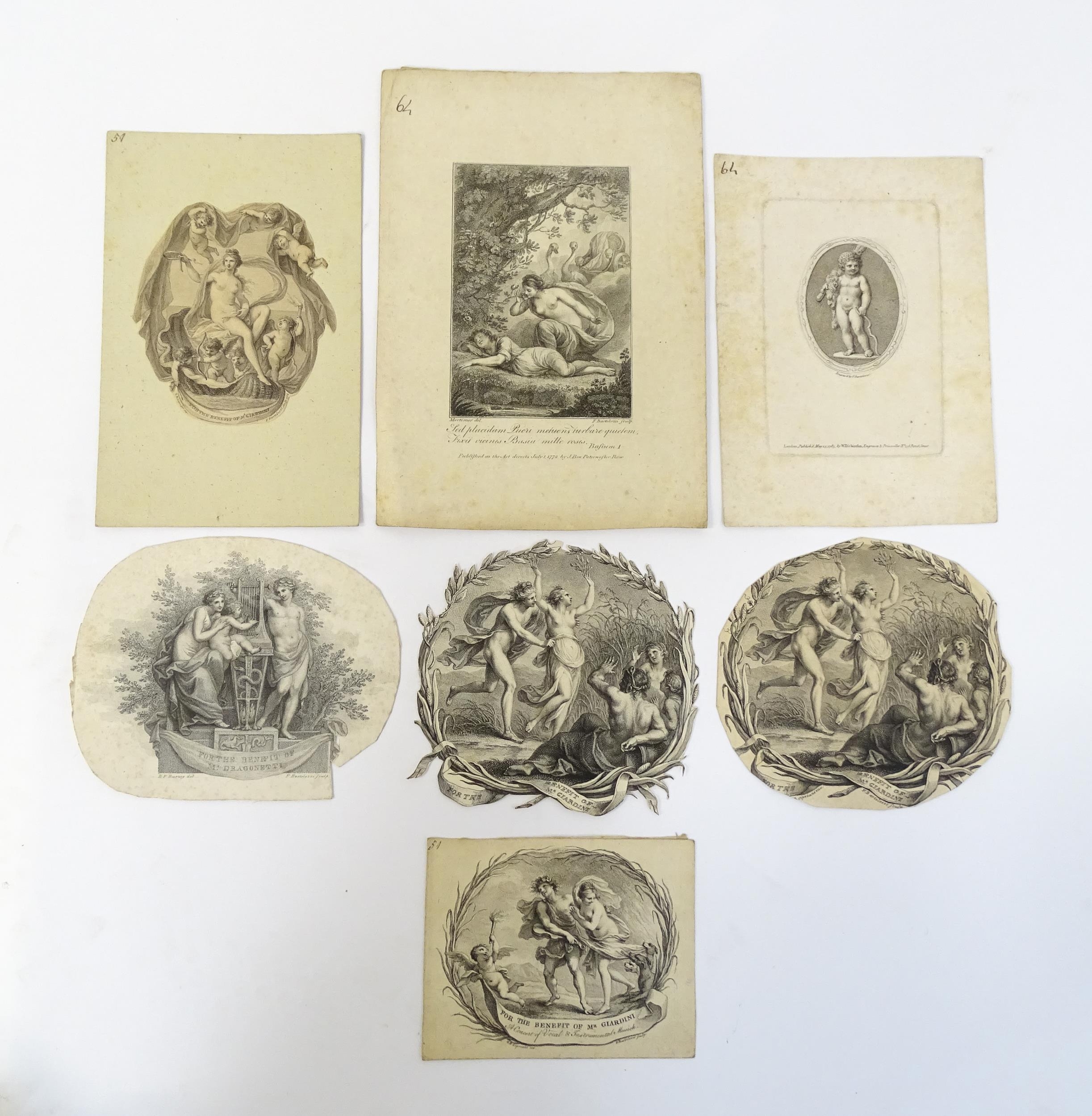 A quantity of 17th and 18thC Bartolozzi engravings to include Apollo & Daphne, Orpheus & Eurydice,