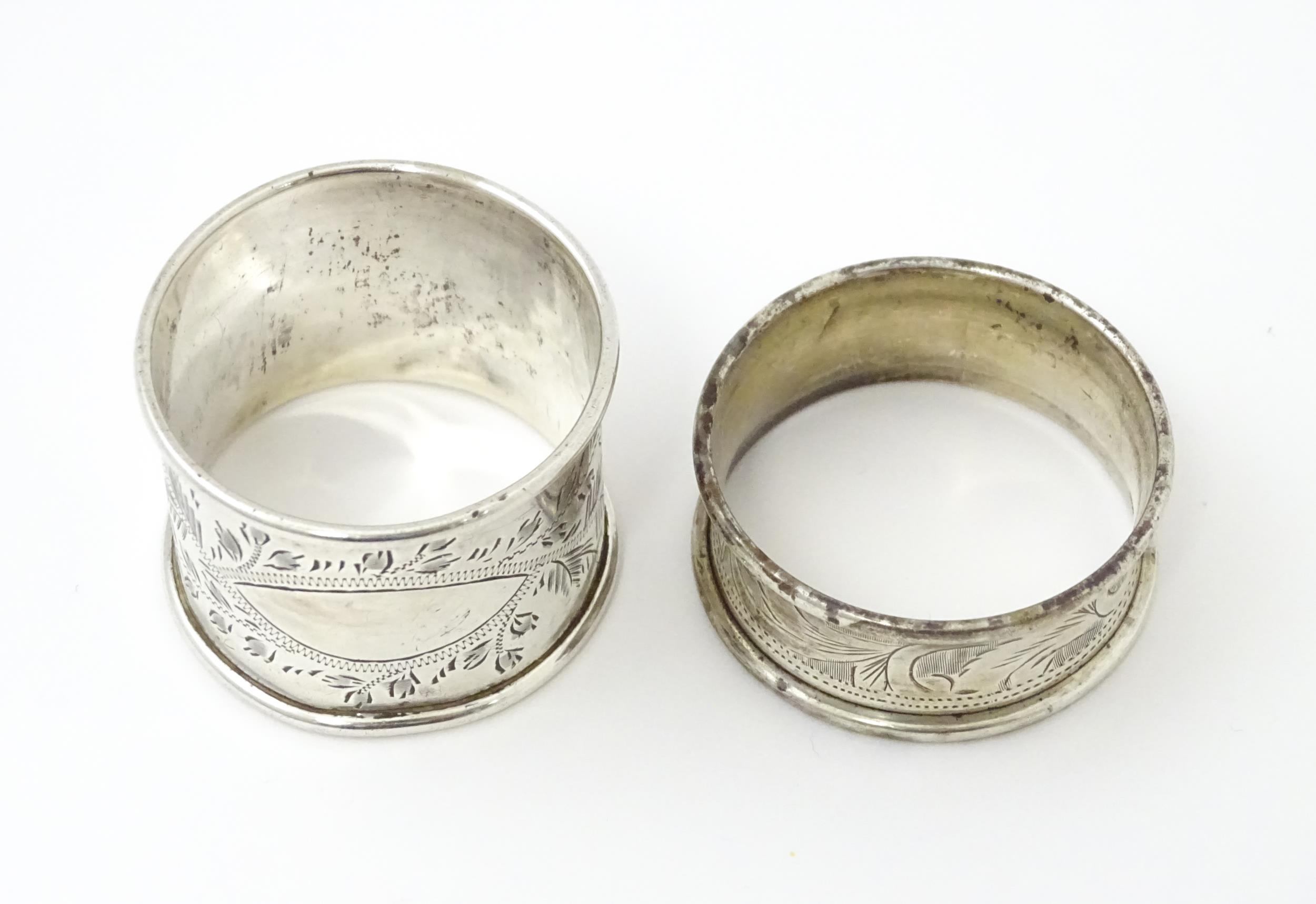 Two silver napkin rings with engraved foliate decoration, one hallmarked Birmingham 1928 maker - Image 3 of 8