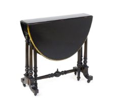 A Victorian ebonised Sutherland table with two demi lune leaves and raised on four turned and fluted