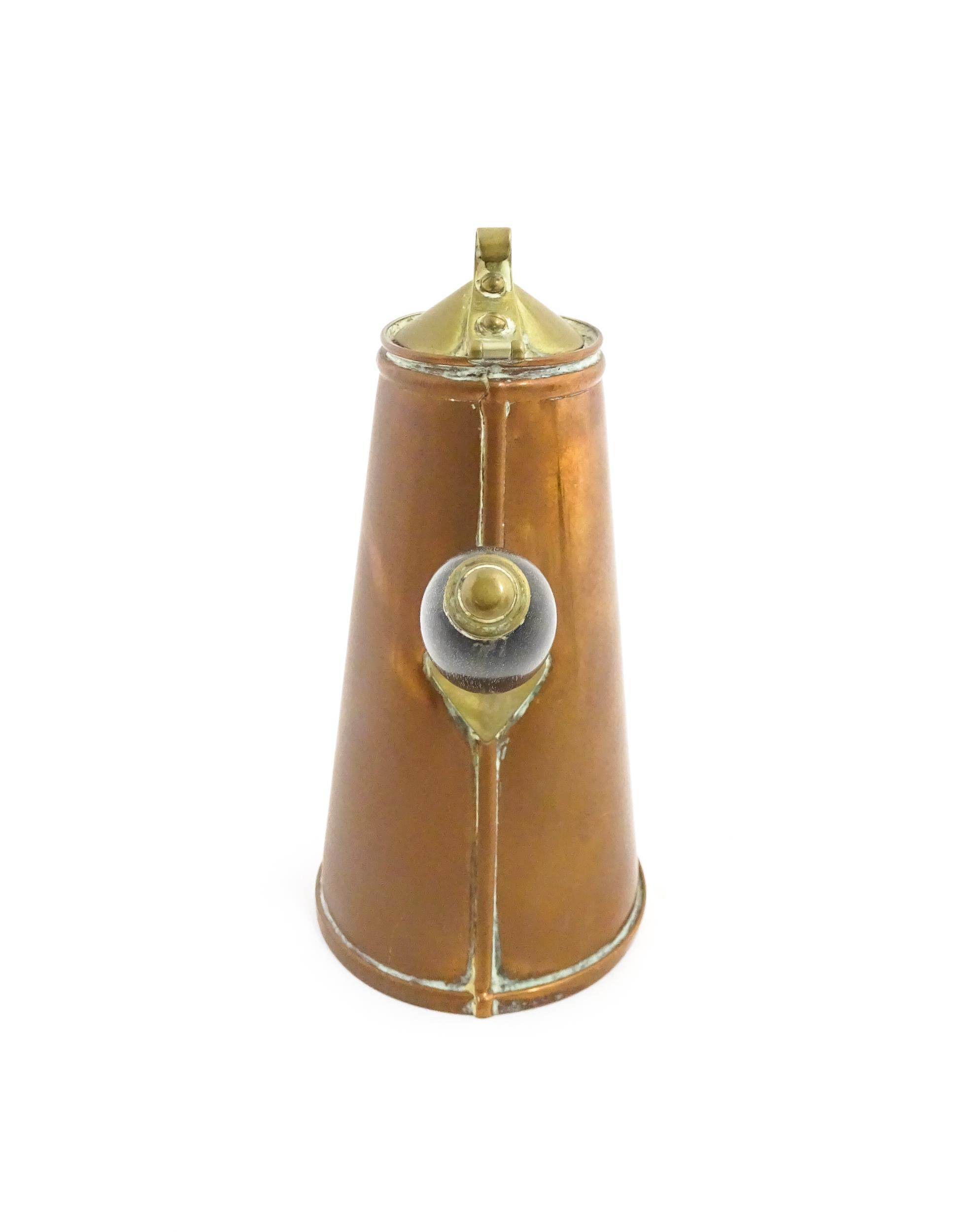 WAS Benson: An Arts & Crafts copper and brass insulated / jacketed hot water jug of tapering form, - Image 6 of 9