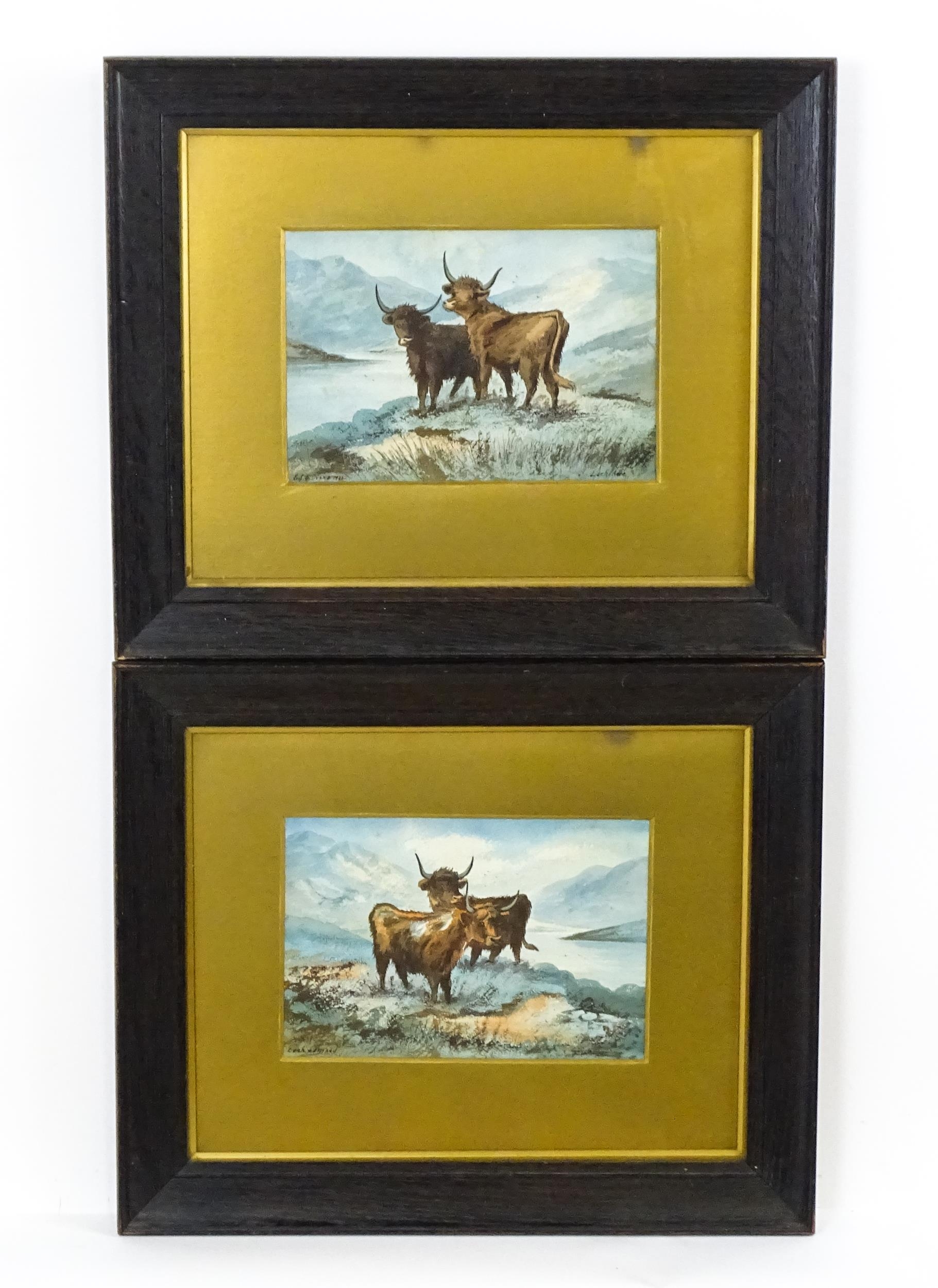 E. J. B. Evans, Early 20th century, Two Scottish loch landscapes with Highland cows. One titled Loch