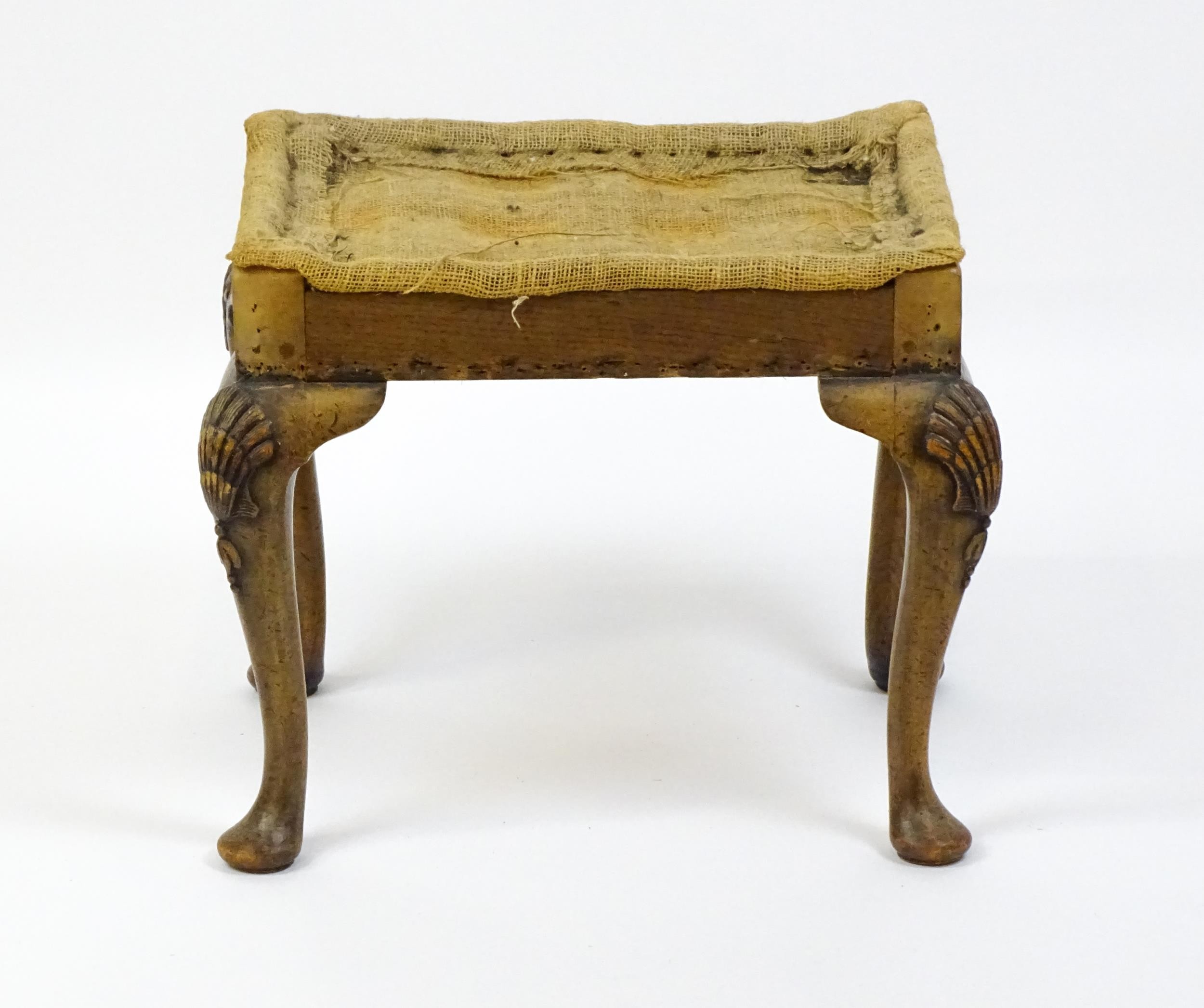 An early 20thC stool raised on four shell carved cabriole legs terminating in pad feet. 20" wide x - Image 3 of 8