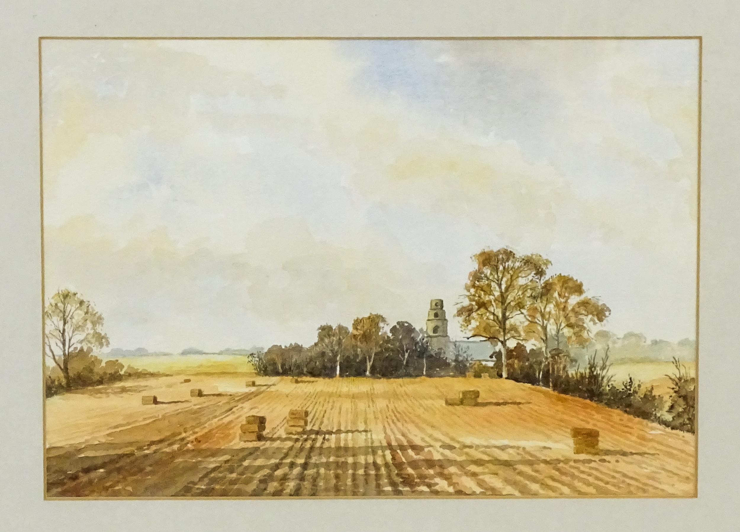 Clifford Nickson (1903-1993), Watercolour, Golden Harvest, Norfolk, An evening landscape with hay - Image 3 of 3