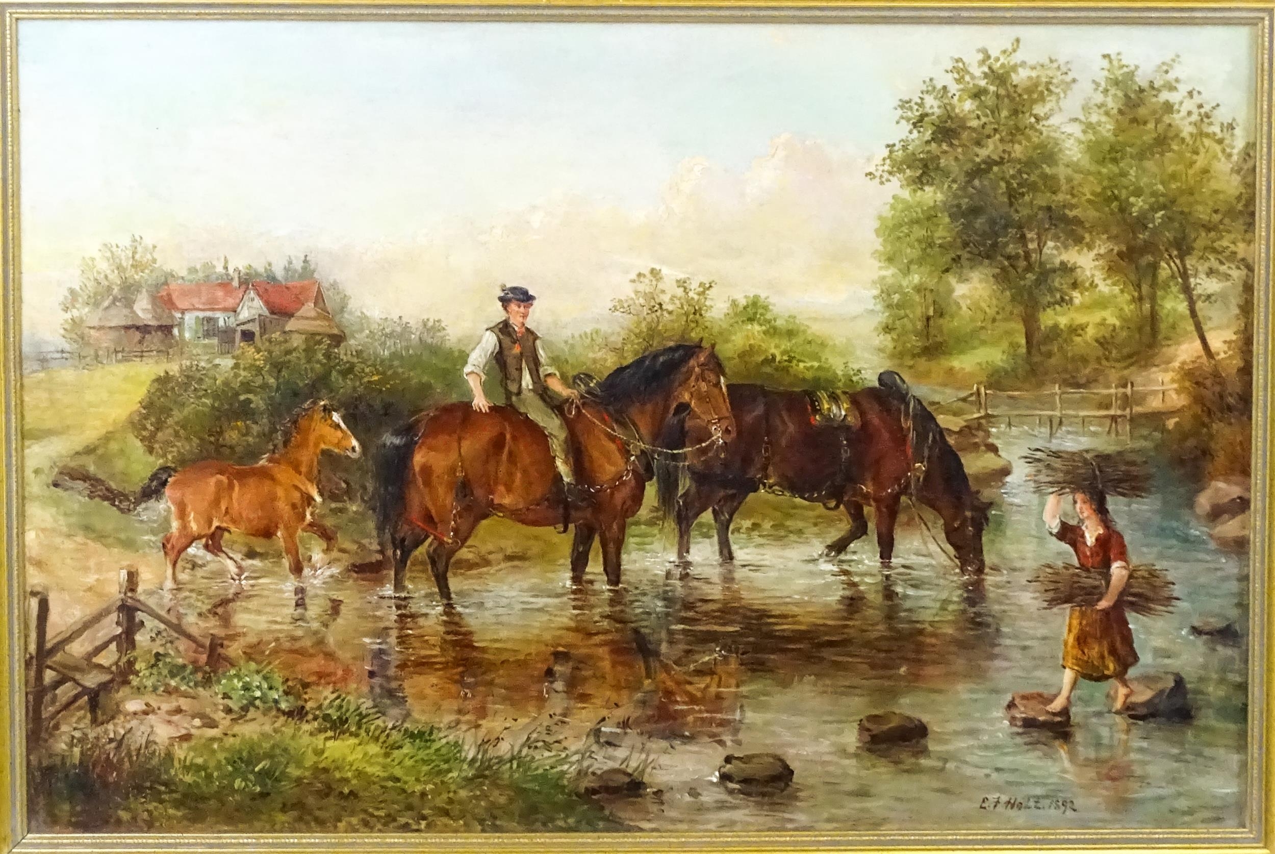Edwin Frederick Holt (1865-1895), Oil on canvas, Horses and rider crossing a river, with a young - Image 3 of 4