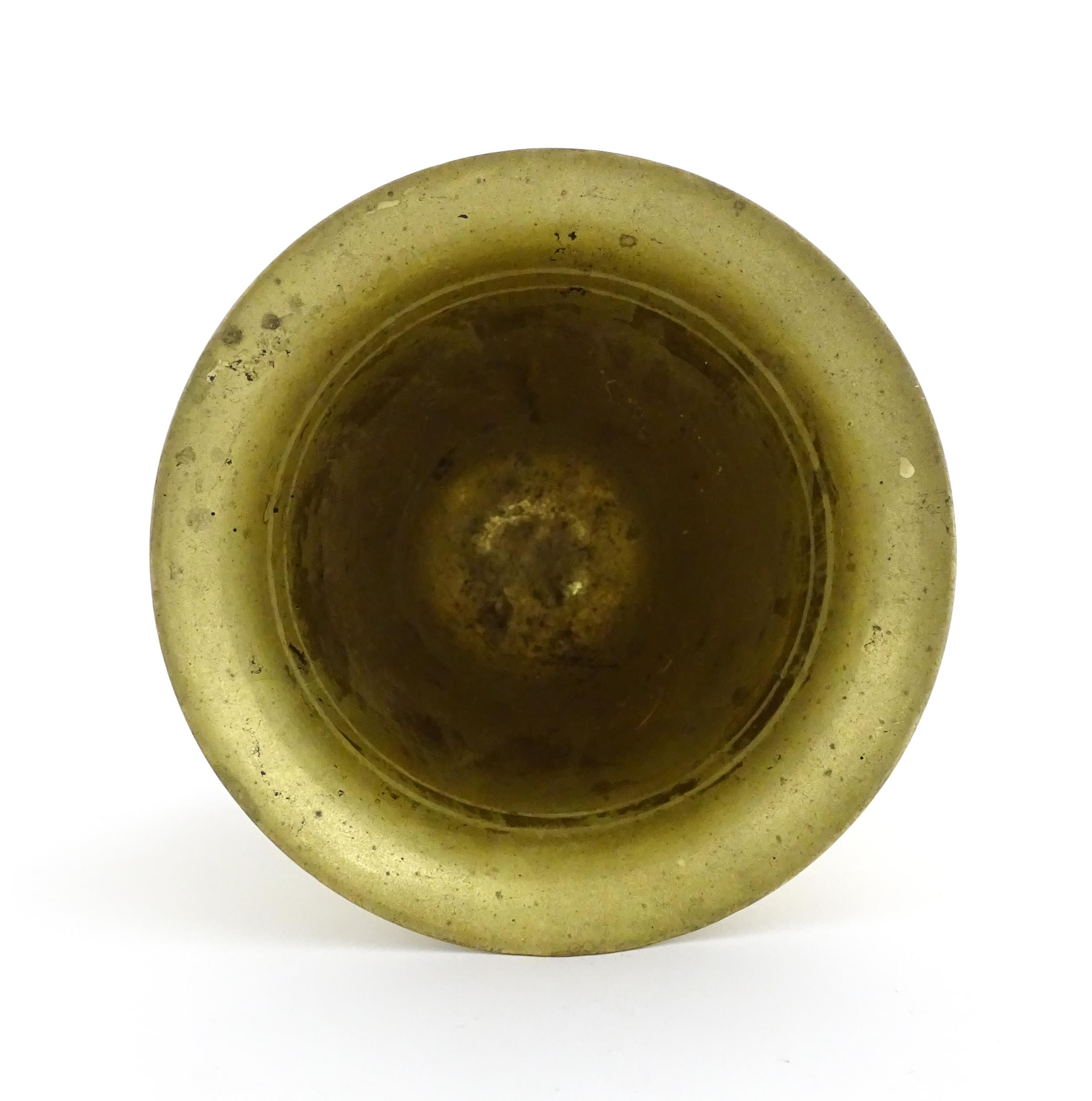 A 19thC brass pestle and mortar, the mortar of tapering form with twin rectangular handles. Mortar - Image 10 of 14