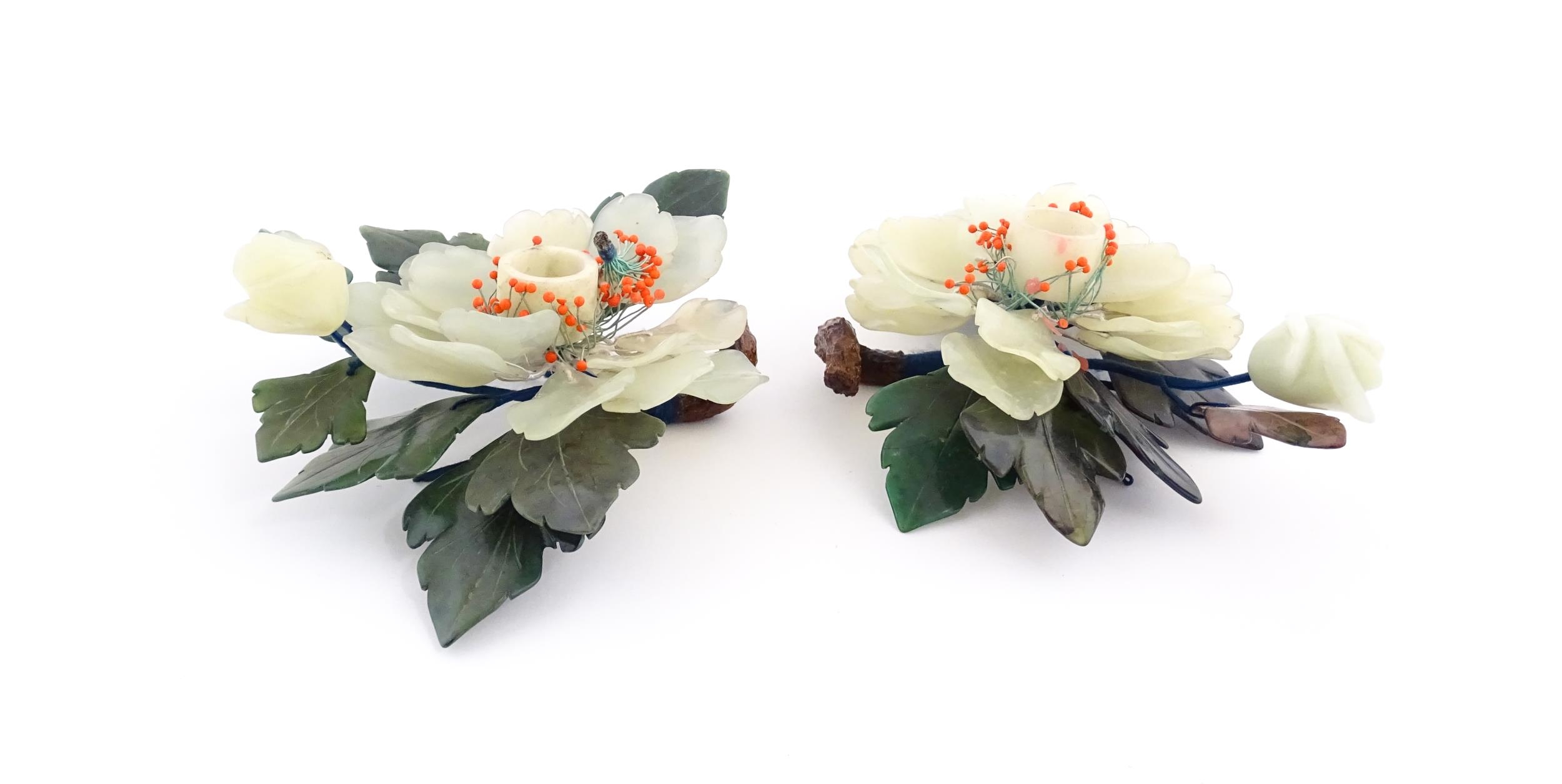 Two Chinese hardstone flower groups with bead detail. Together with a hardstone model of a bunch - Image 5 of 15