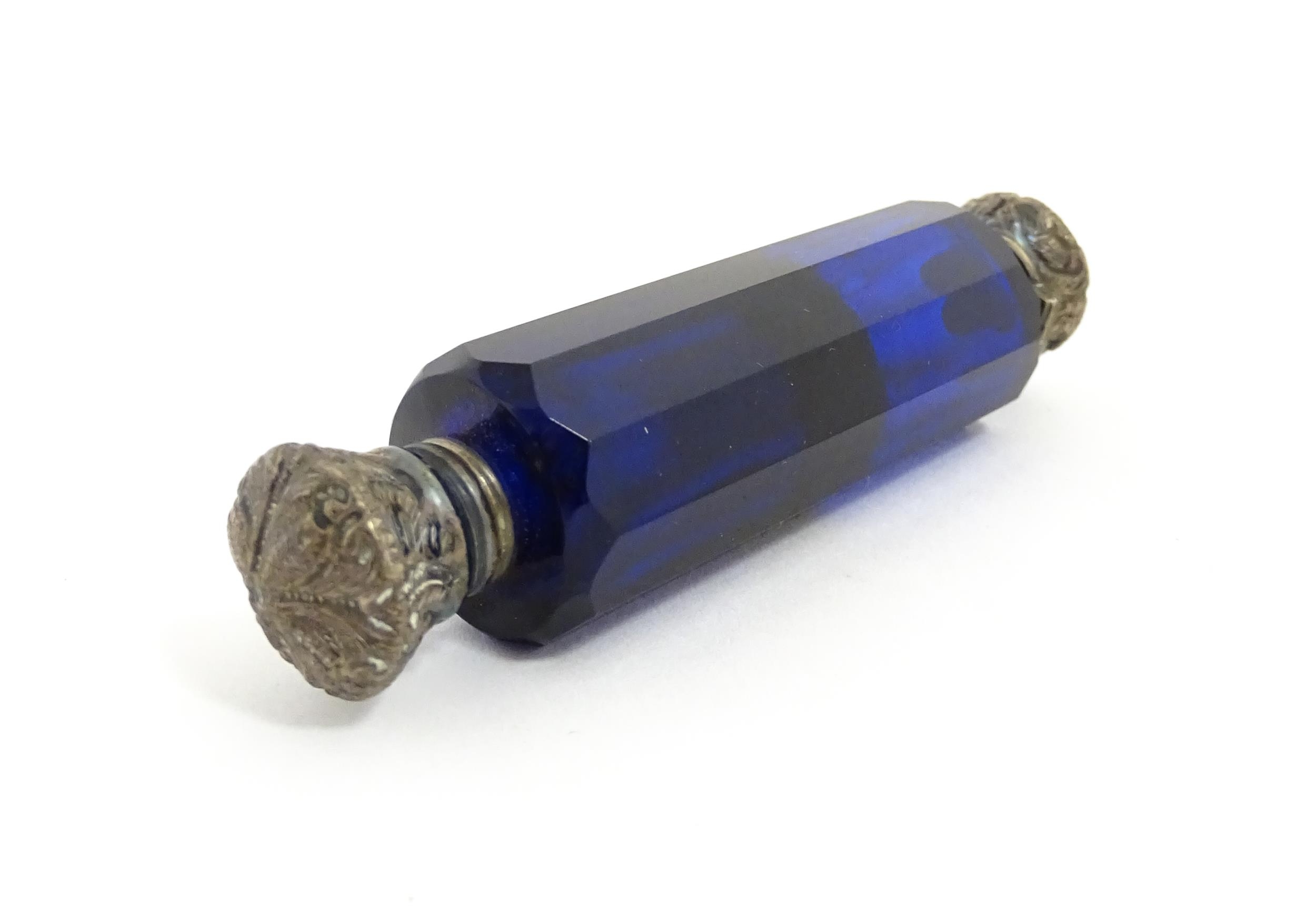 A glass scent / perfume bottle with blue flash cut decoration. Together with a Bristol blue coloured - Image 9 of 13