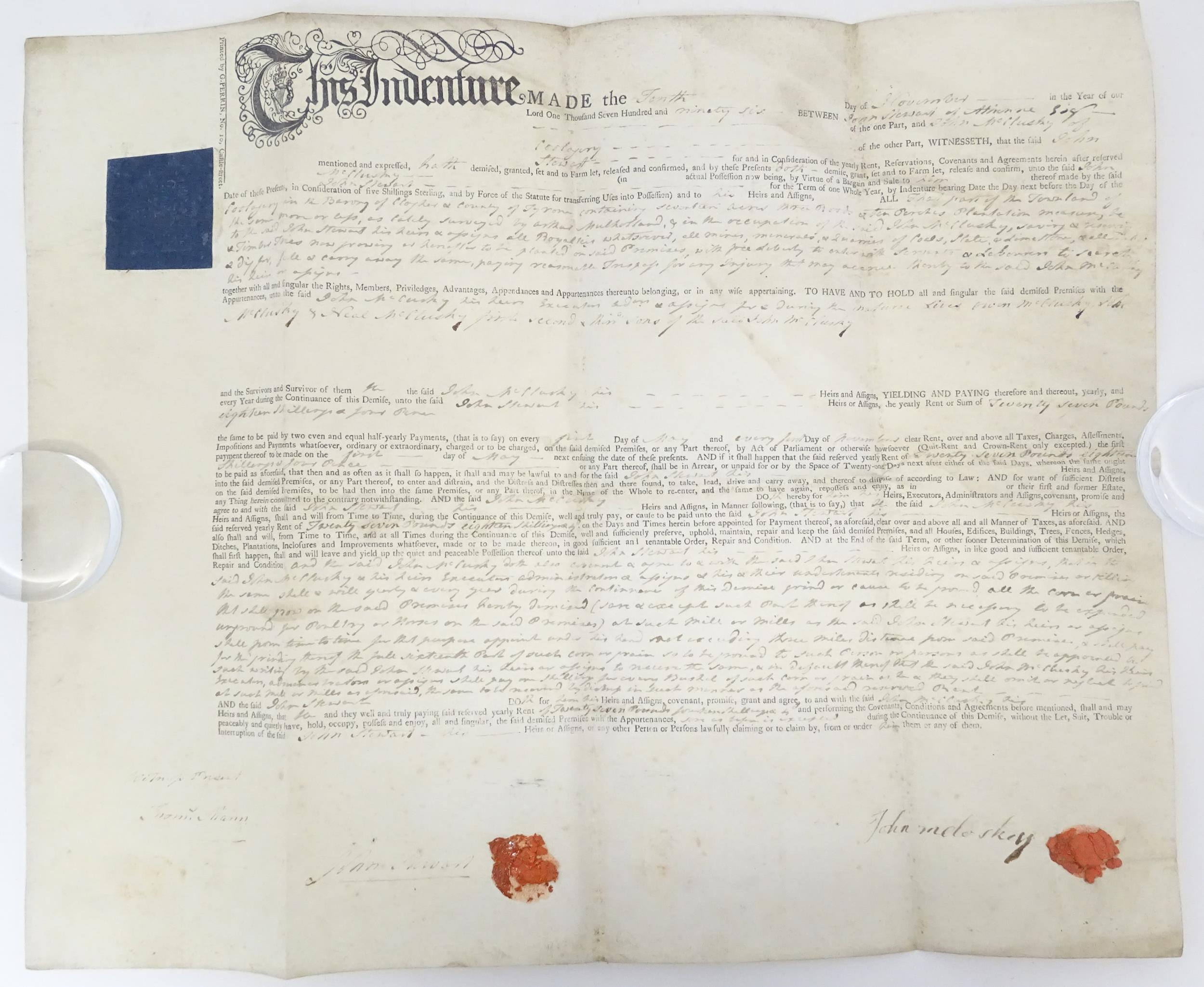 Three 18thC and later Irish indentures to include a 1796 document relating to renting in County - Image 5 of 7