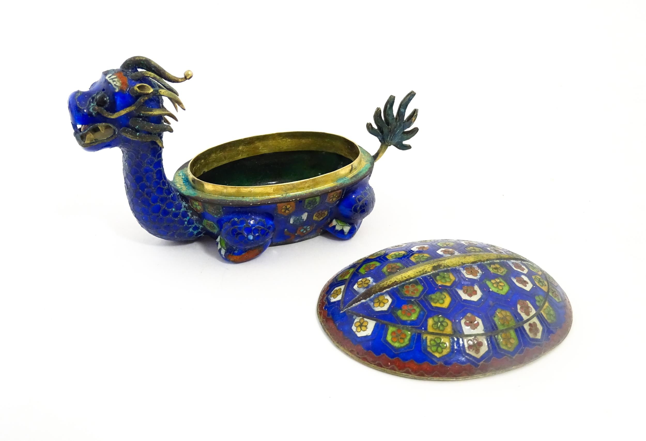 A Chinese cloisonne pot and cover modelled as a Dragon Turtle mythical creature. Approx. 5 1/4" long - Image 3 of 7