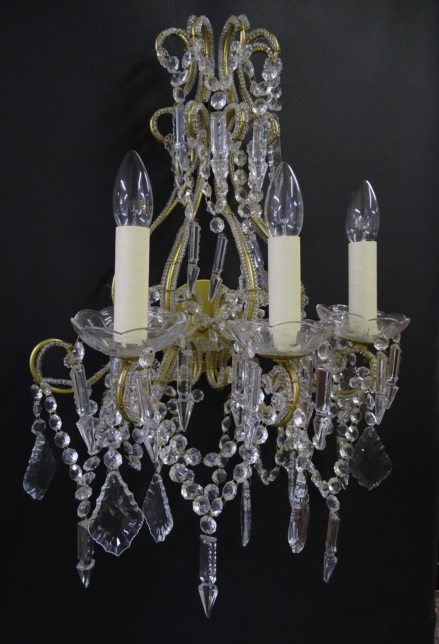 Four Italian wall lights having three branches, and lustre drops. Approx. 18" wide (4) Please Note - - Image 4 of 13