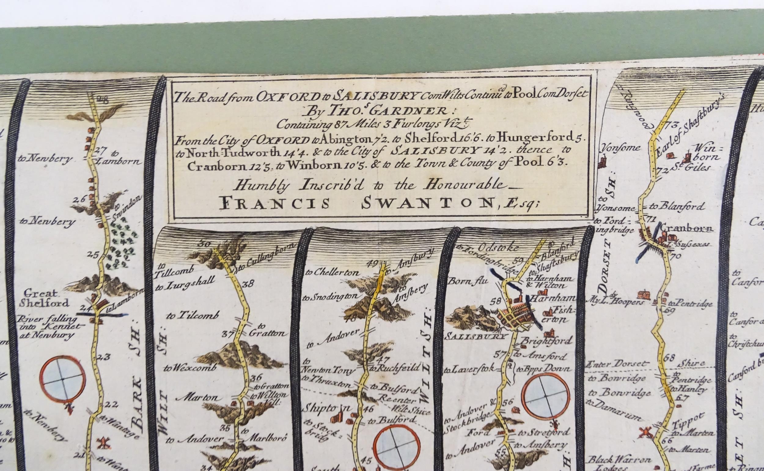 Map: An 18thC engraved strip map with hand colouring titled The Road from Oxford to Salisbury by - Image 5 of 5